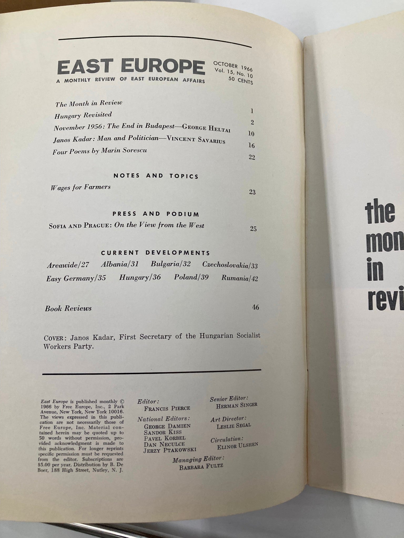 Interior page of VTG East Europe Magazine October 1966 showing the table of contents and features including articles about Janos Kadar and current developments in Eastern Europe.