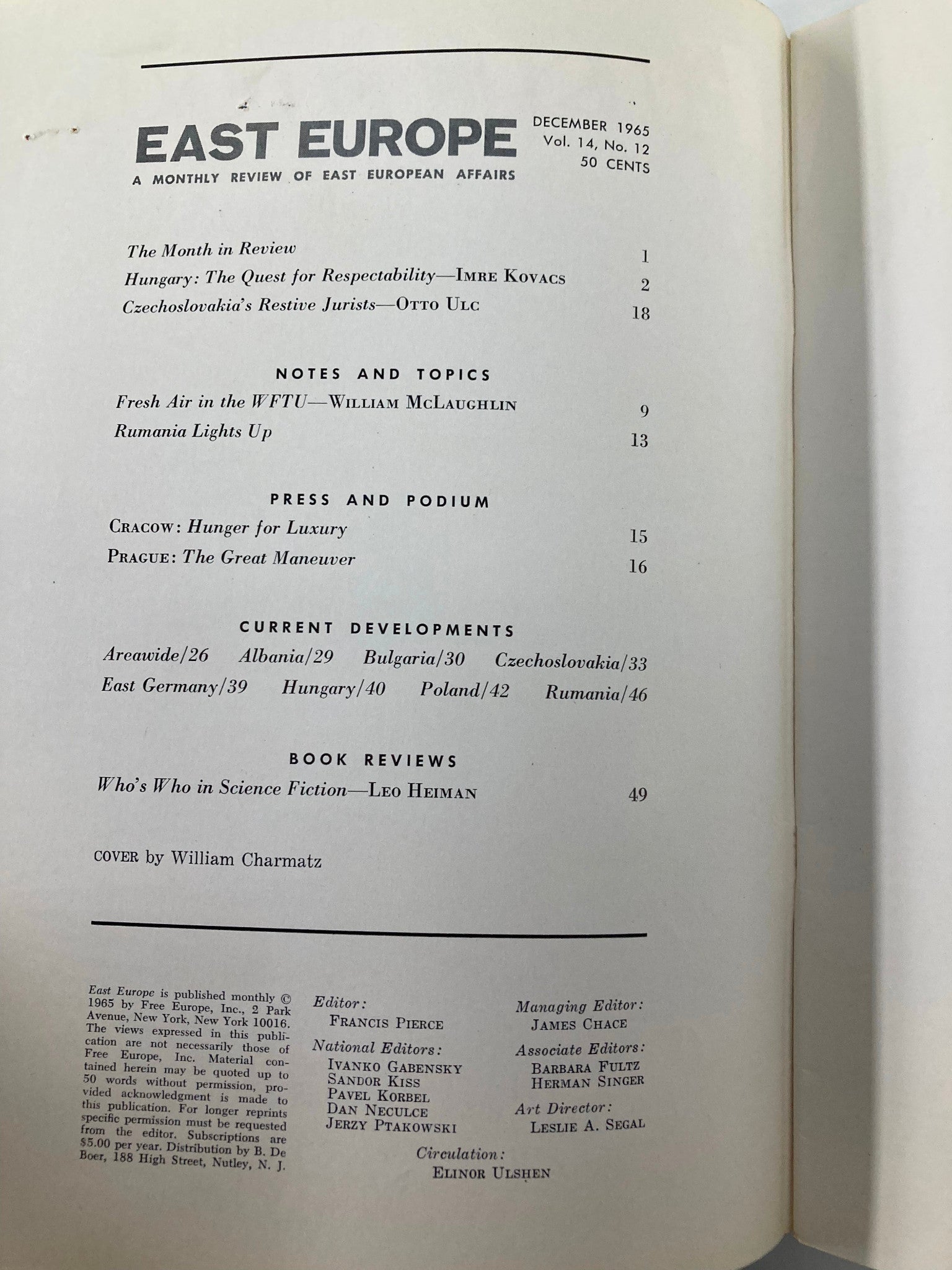 Table of contents from the VTG East Europe Magazine December 1965, featuring articles on Hungary's Quest Abroad, Czechoslovakia's jurists, and reviews of historical events in Eastern Europe.