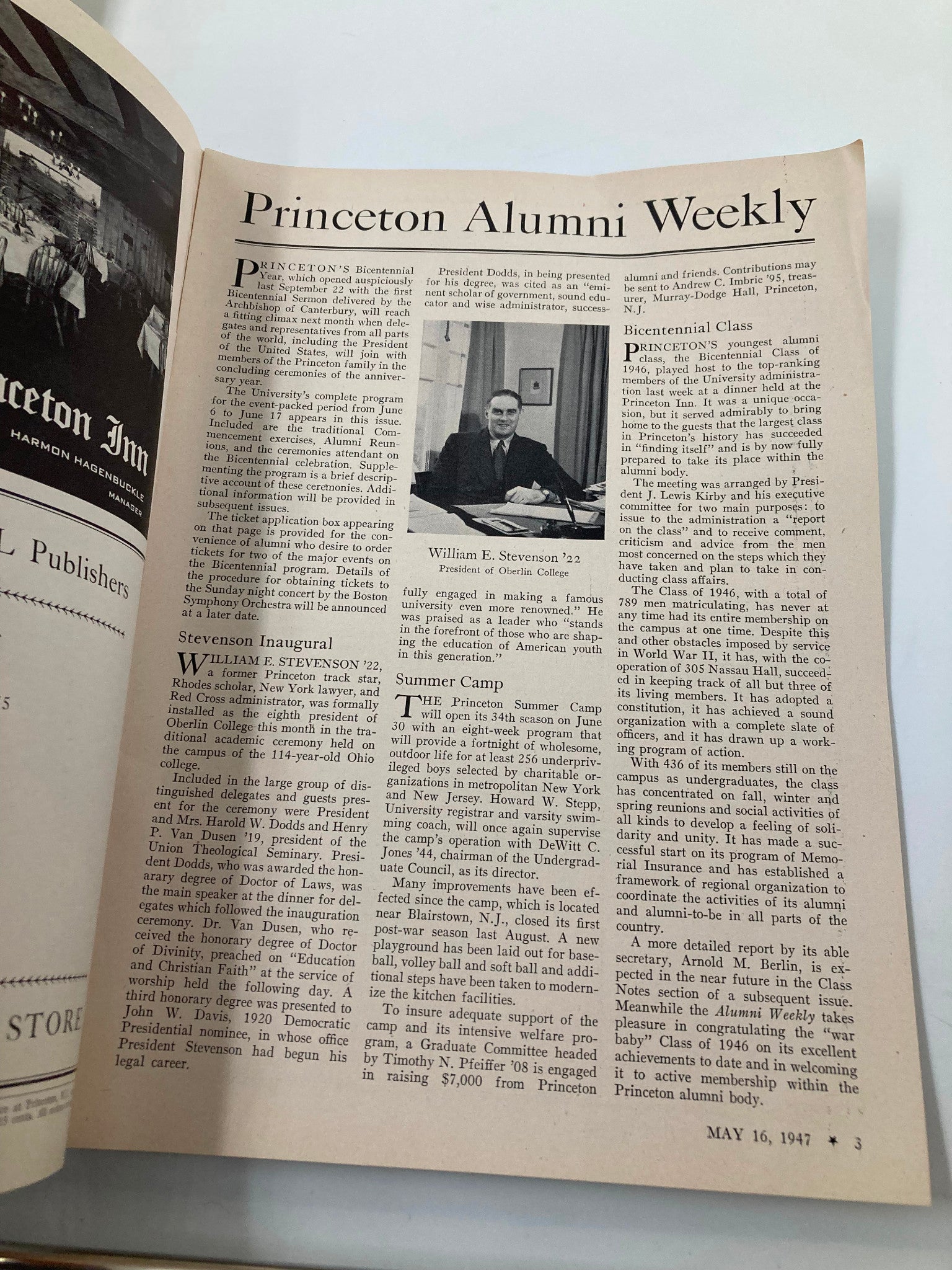 VTG Princeton Alumni Weekly May 16 1947 William E. Stevenson of Oberlin College