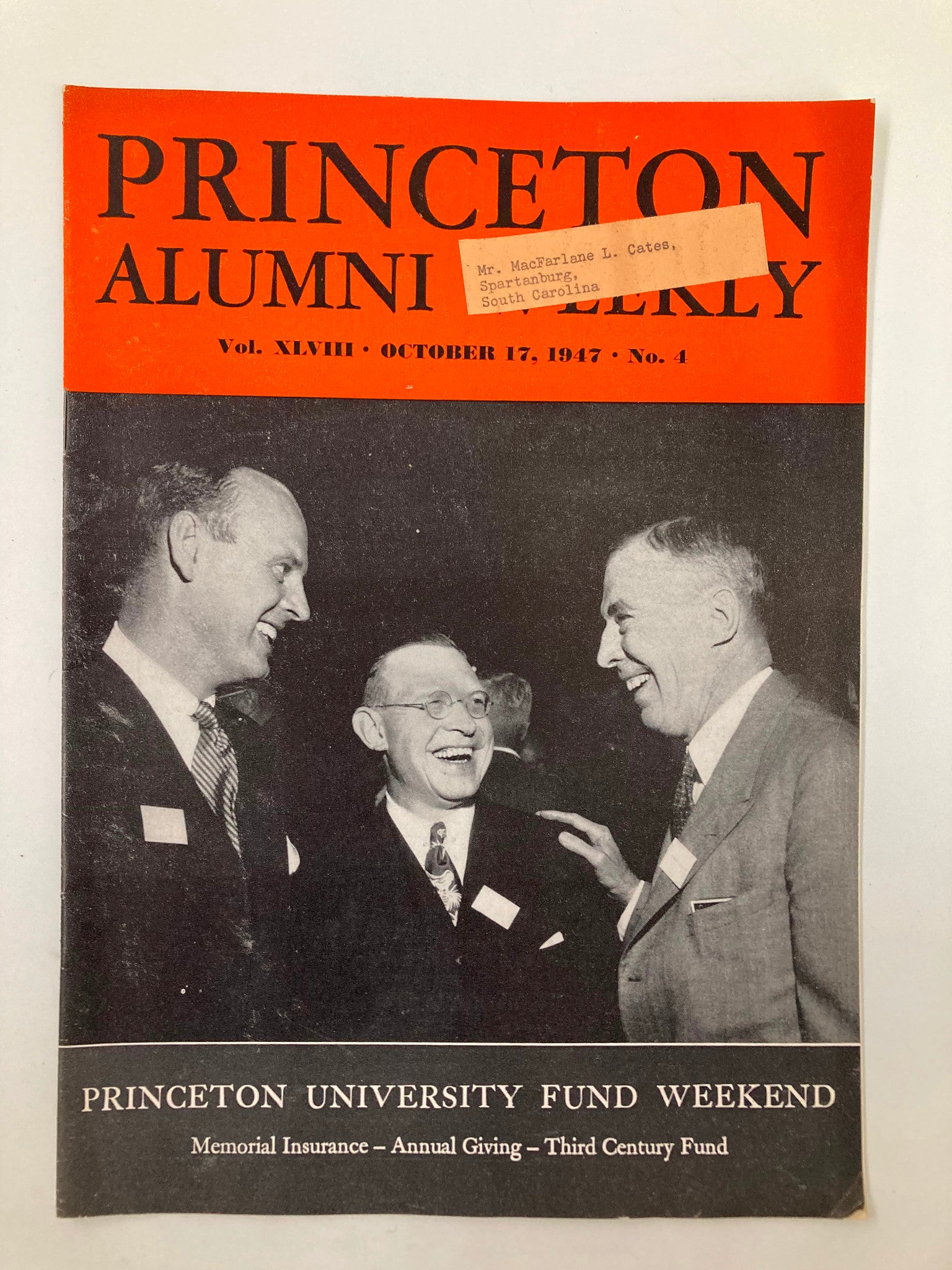 Cover of Princeton Alumni Weekly dated October 17, 1947, featuring a gathering of alumni at Princeton University Fund Weekend, highlighting notable attendees and vintage design.