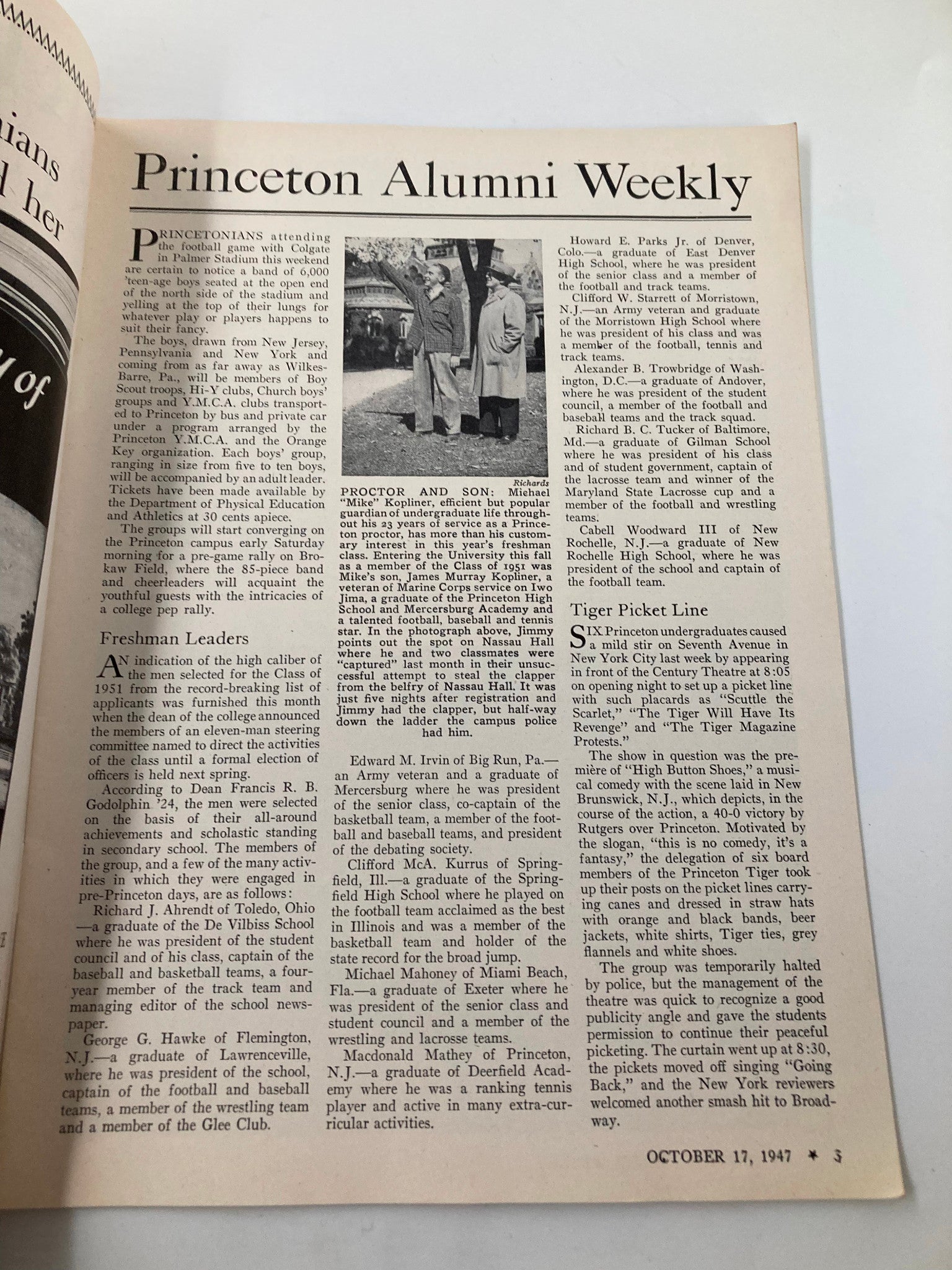 Princeton Alumni Weekly October 17, 1947 issue featuring an article about alumni, showcasing a photograph of Michael Kopliner and James Kopliner discussing Princeton University traditions and events.