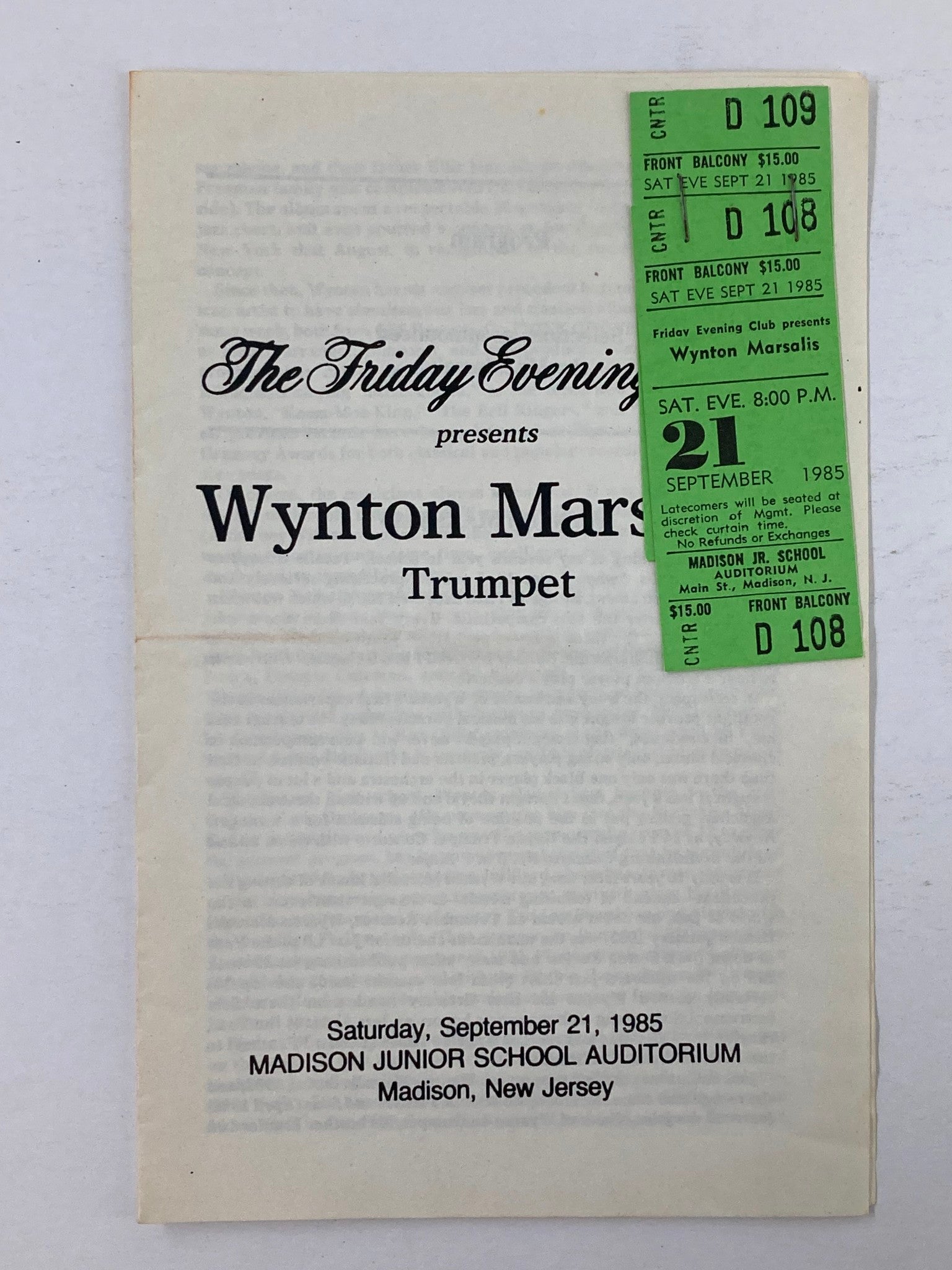 1985 The Friday Evening Club Program Wynton Marsalis Trumpet