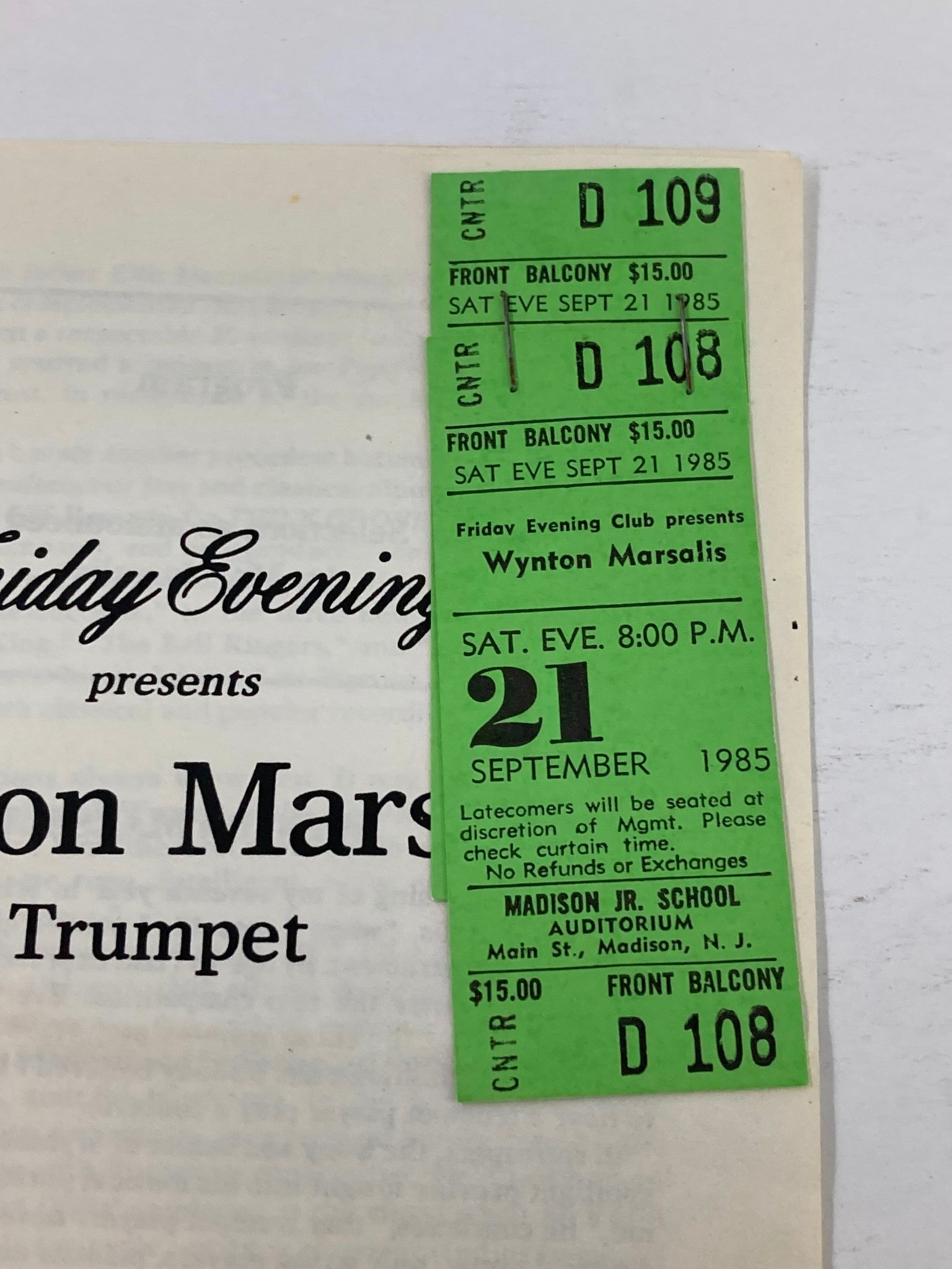 1985 The Friday Evening Club Program Wynton Marsalis Trumpet