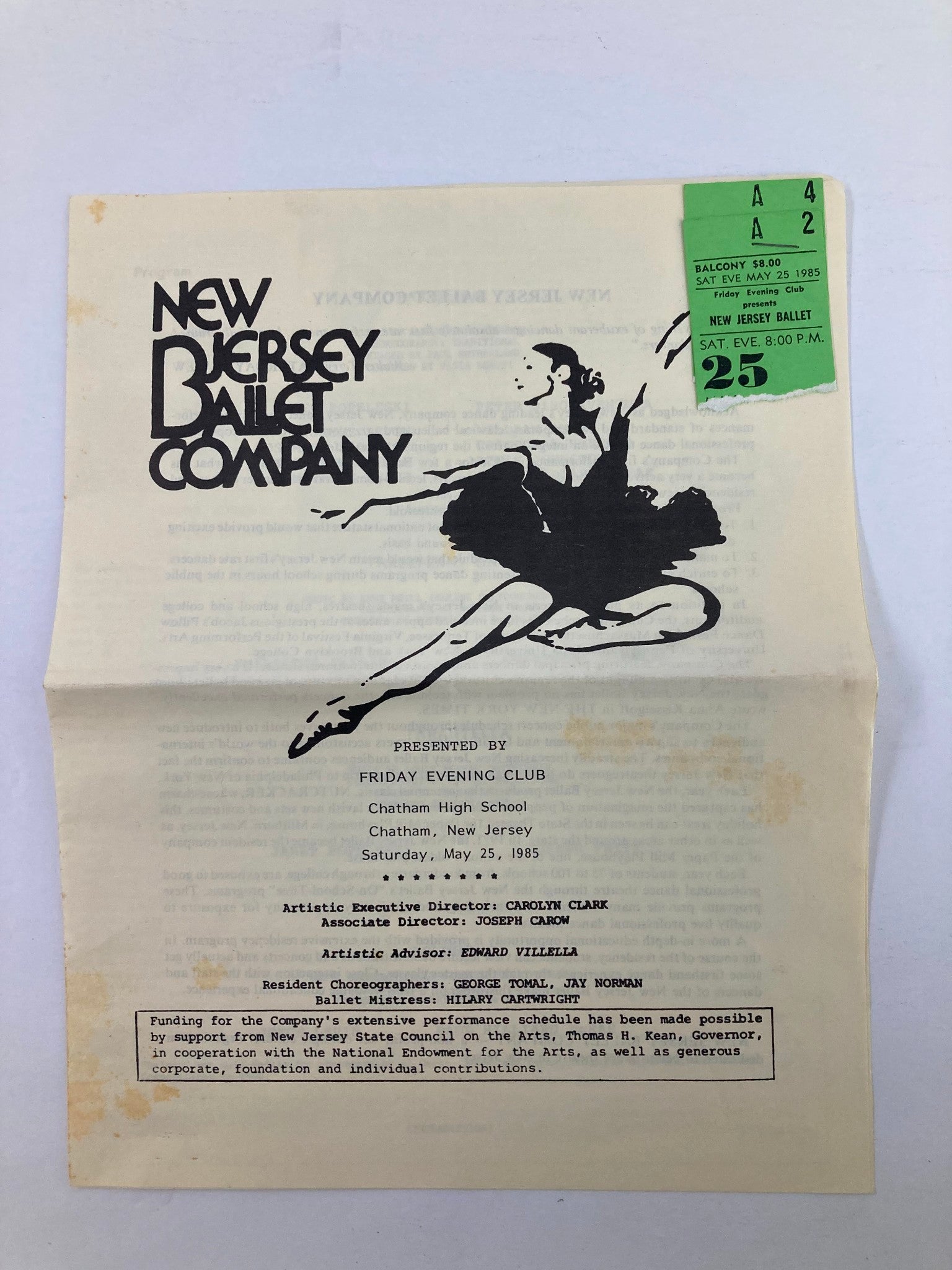 1985 Souvenir Program New Jersey Ballet Company Presented by Friday Evening Club