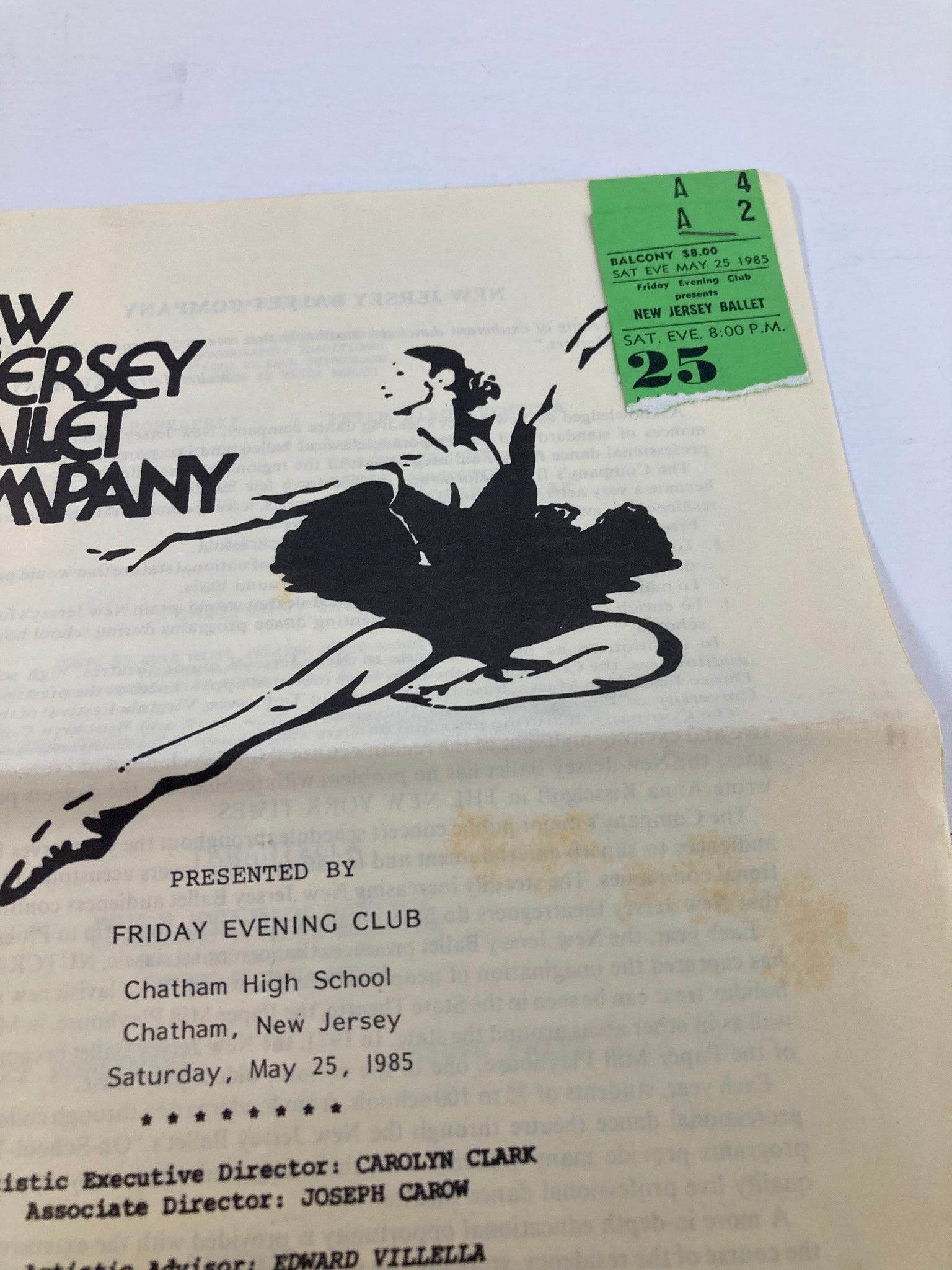 1985 Souvenir Program New Jersey Ballet Company Presented by Friday Evening Club