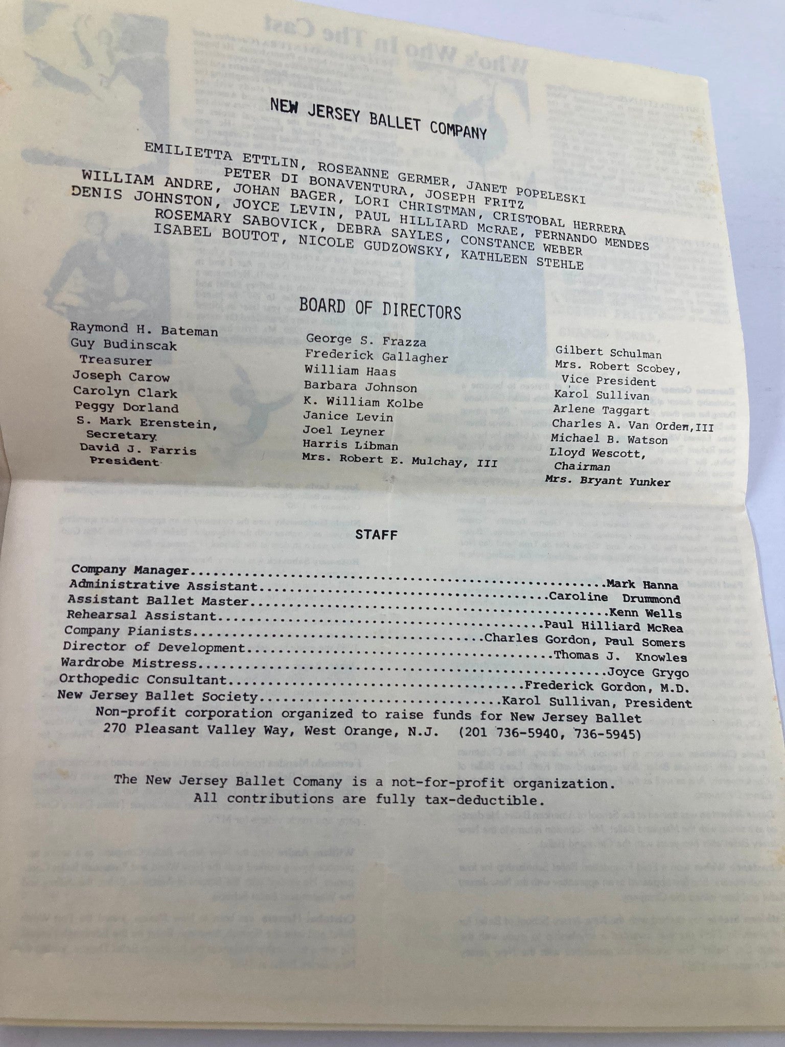 1985 Souvenir Program New Jersey Ballet Company Presented by Friday Evening Club