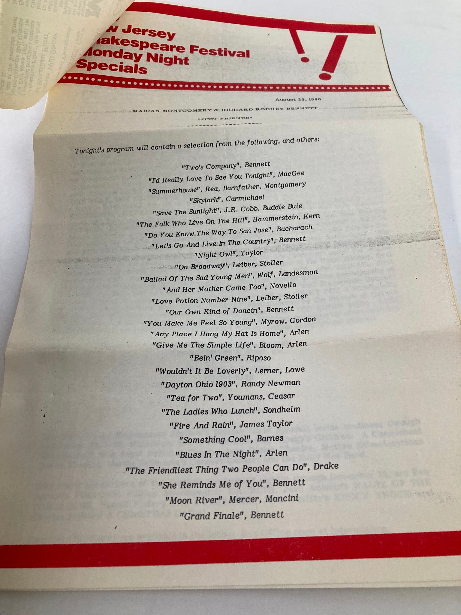 1980 Souvenir Program N.J. Shakespeare Festival Cabaret: 2 Singers Team