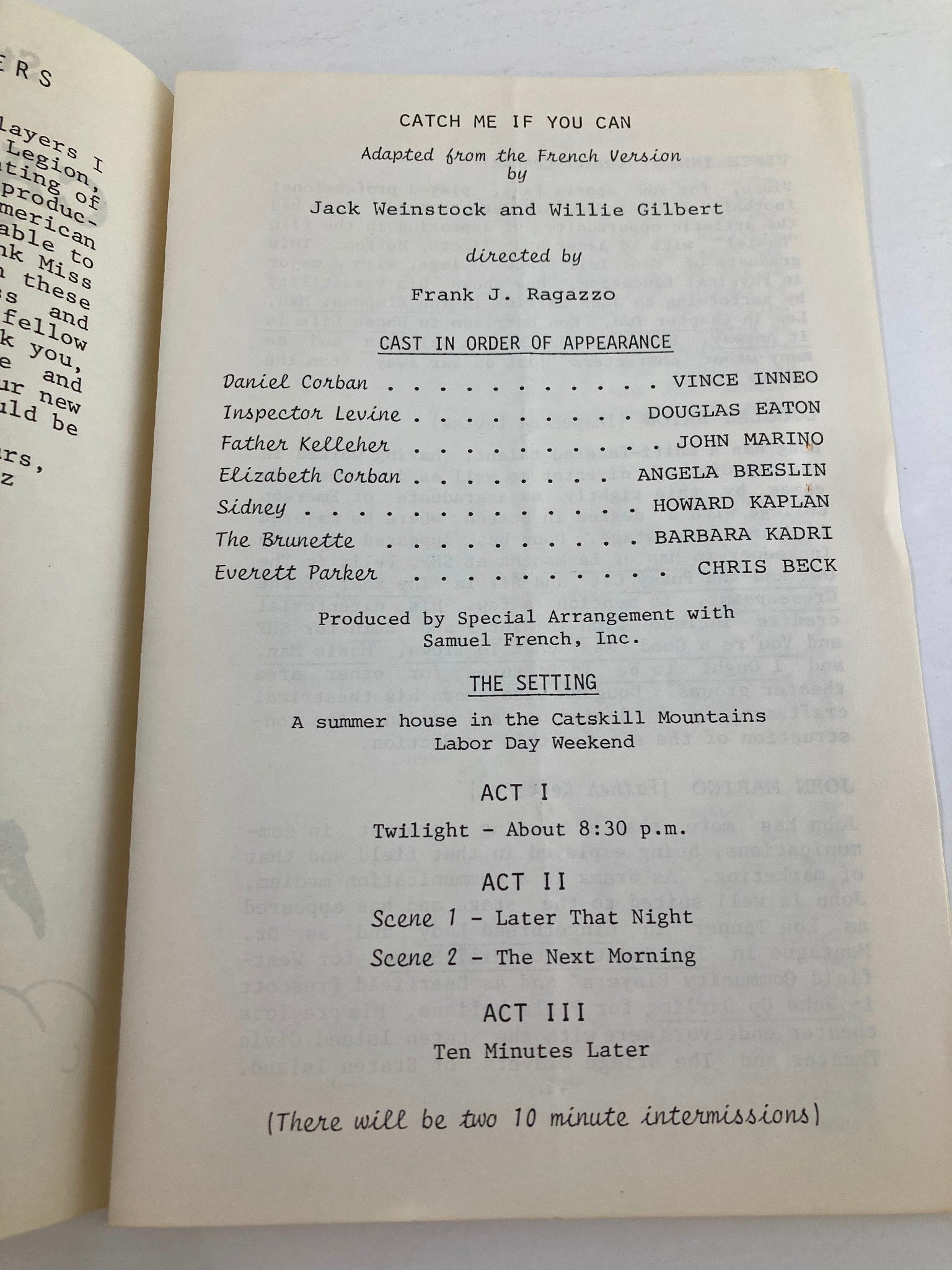 1984 Program Stony Hill Players Presents Vince Inneo in Catch Me If You Can