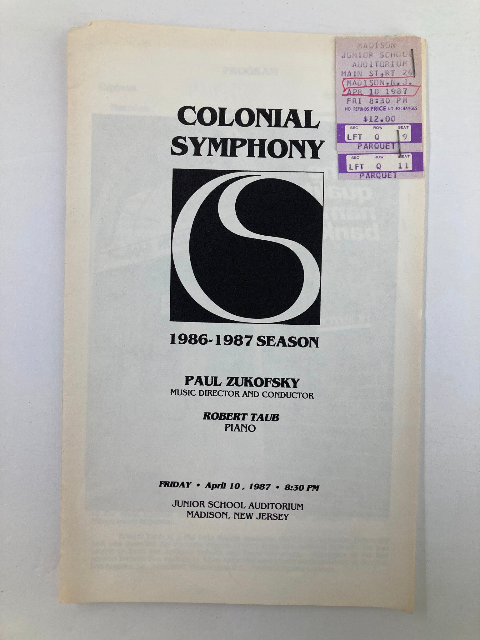 1987 Program Madison Junior School Auditorium Colonial Symphony Paul Zukofsky