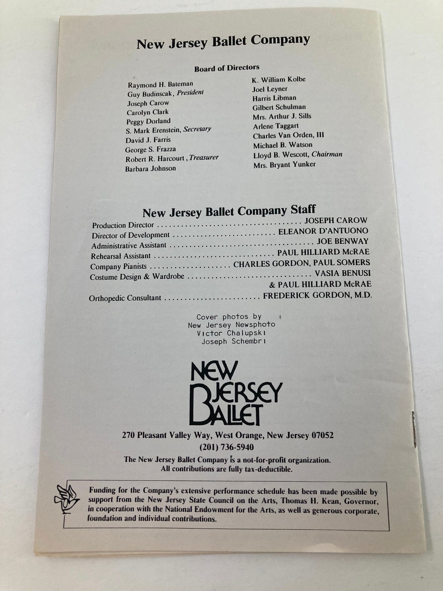 1987 Program Chatham High School Presents New Jersey Ballet Company