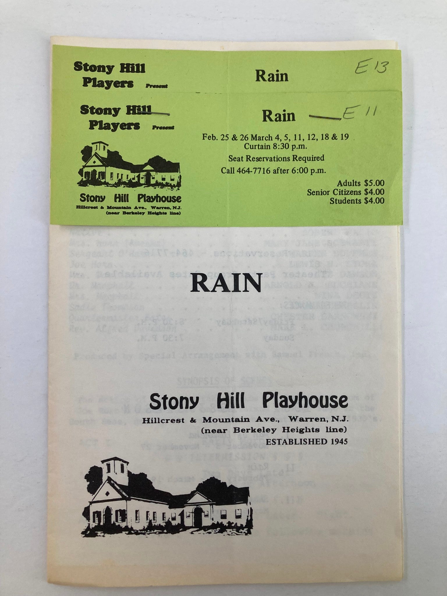 1982 Program Stony Hill Playhouse Presents Karen Sanders in Rain