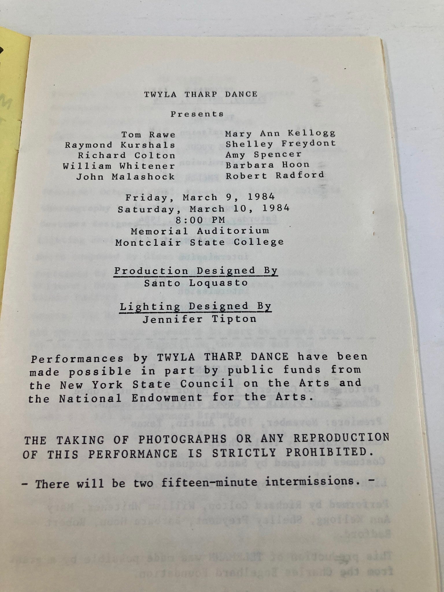 1984 Program Montclair State College Center for the Arts Presents Twyla Tharp