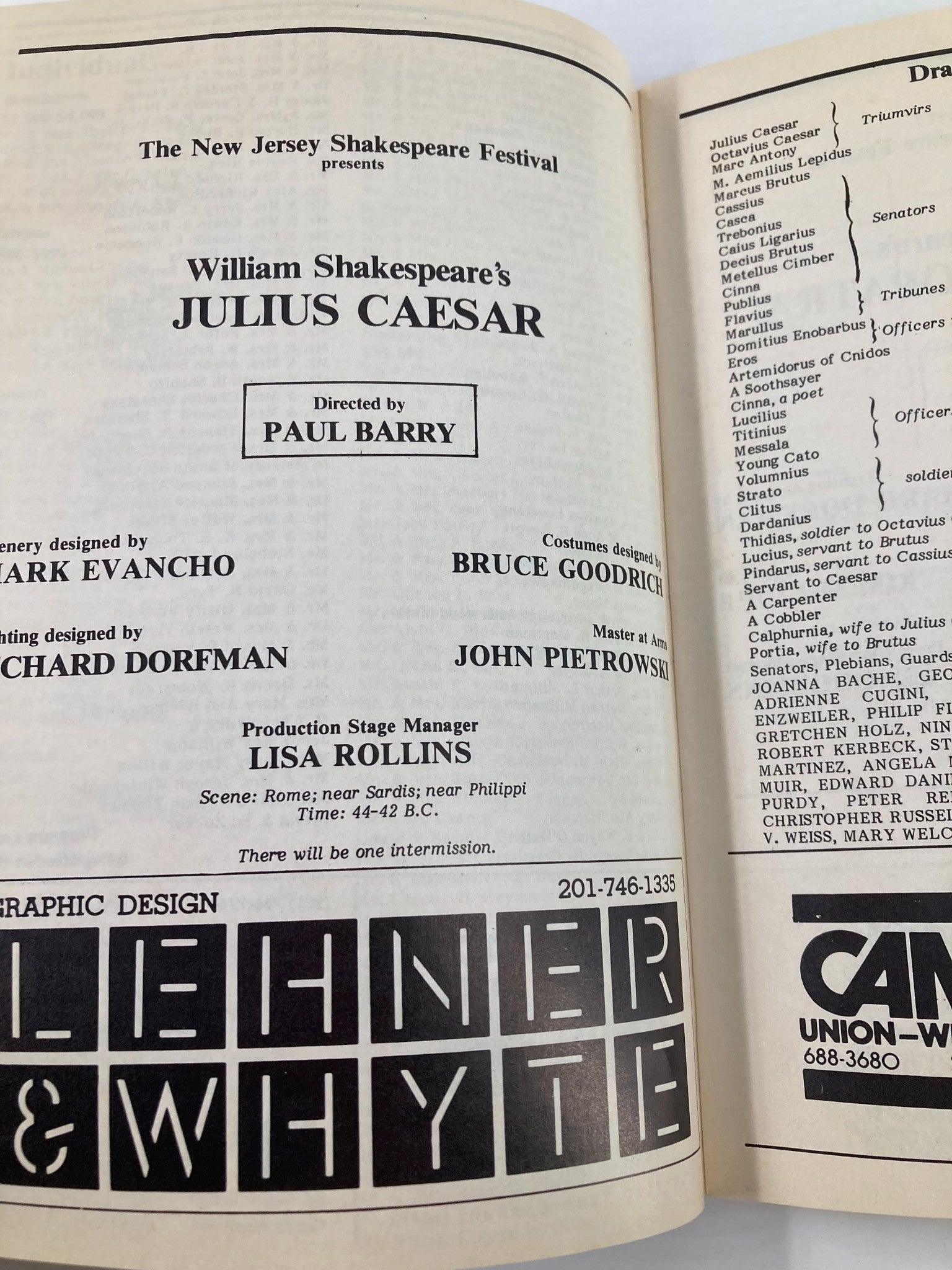 1986 Program New Jersey Shakespeare Festival William Shakespeare's Julius Caesar