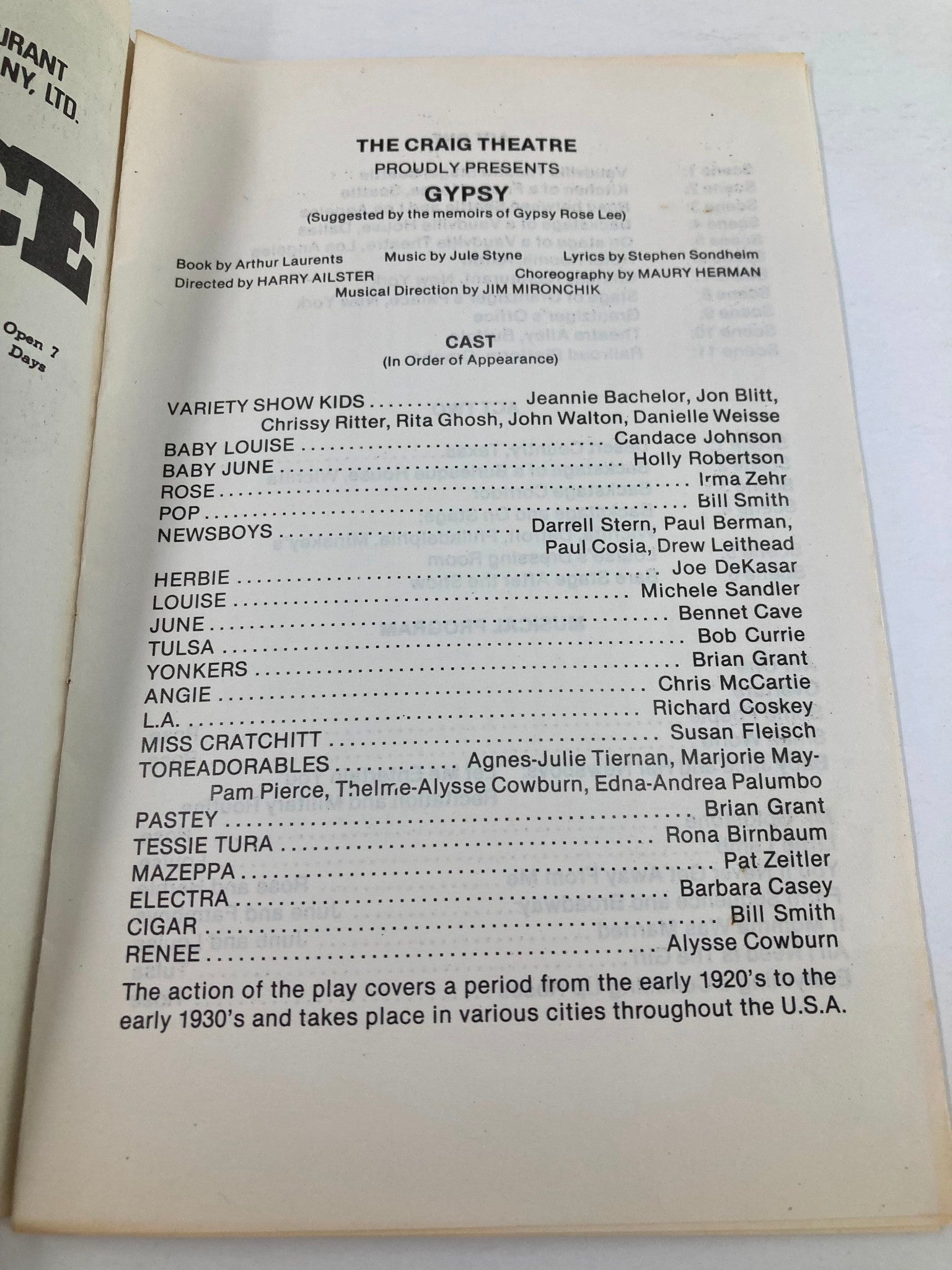 1979 Program The Craig Theatre Candace Johnson and Irma Zehr in Gypsy