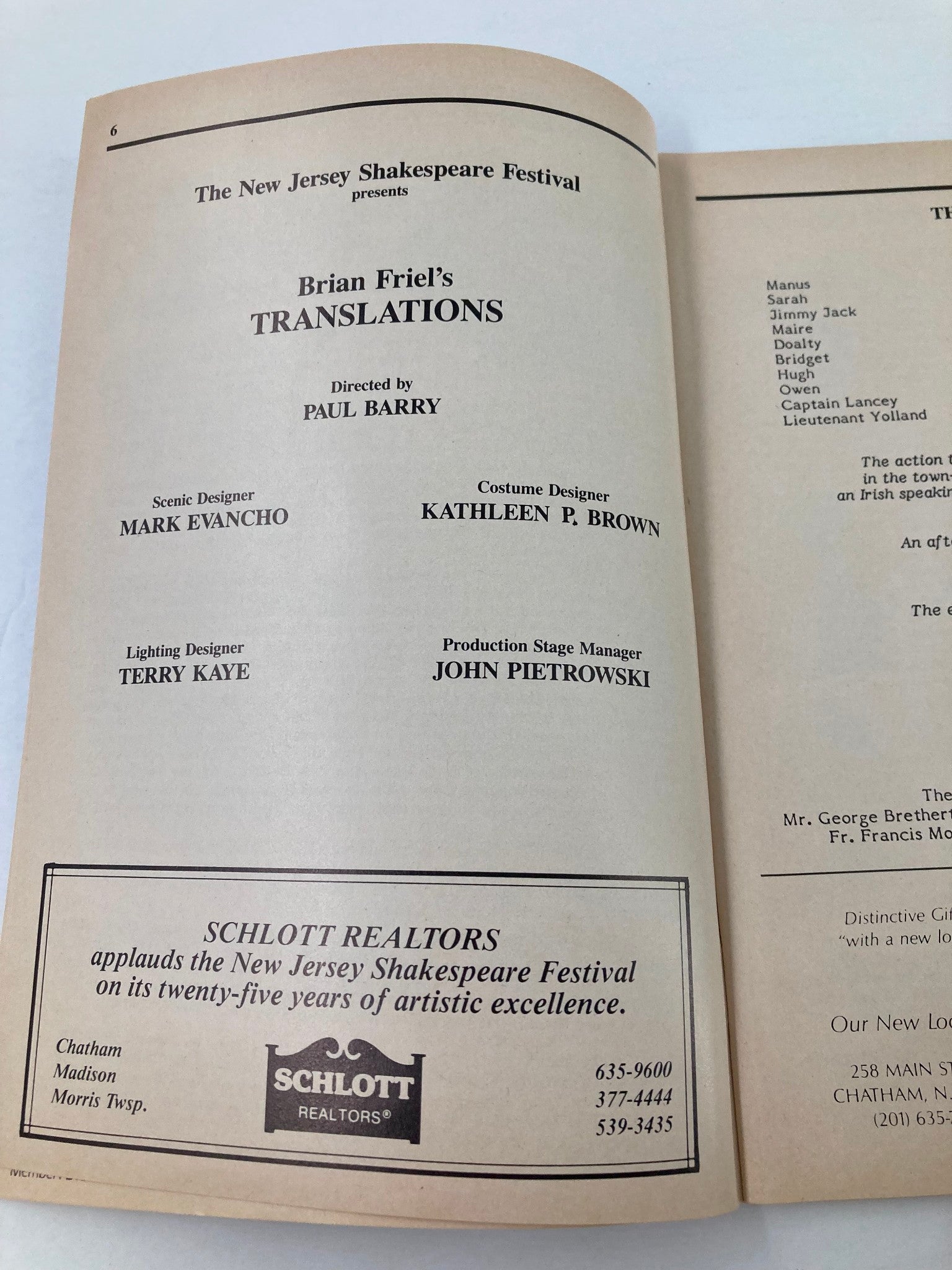 1982 Program New Jersey Shakespeare Festival Brian Friel in Translations