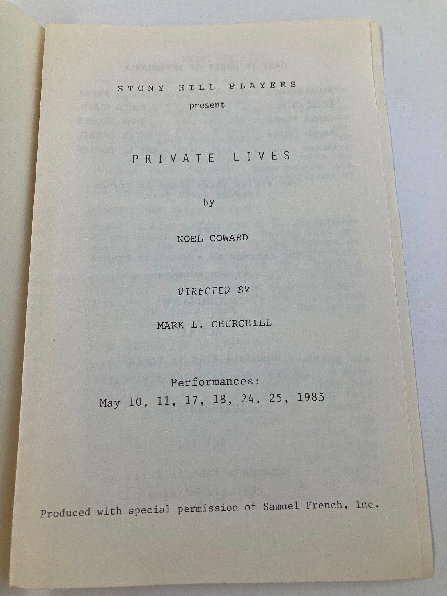 1985 Program Stony Hill Players Present Private Lives by Noel Coward