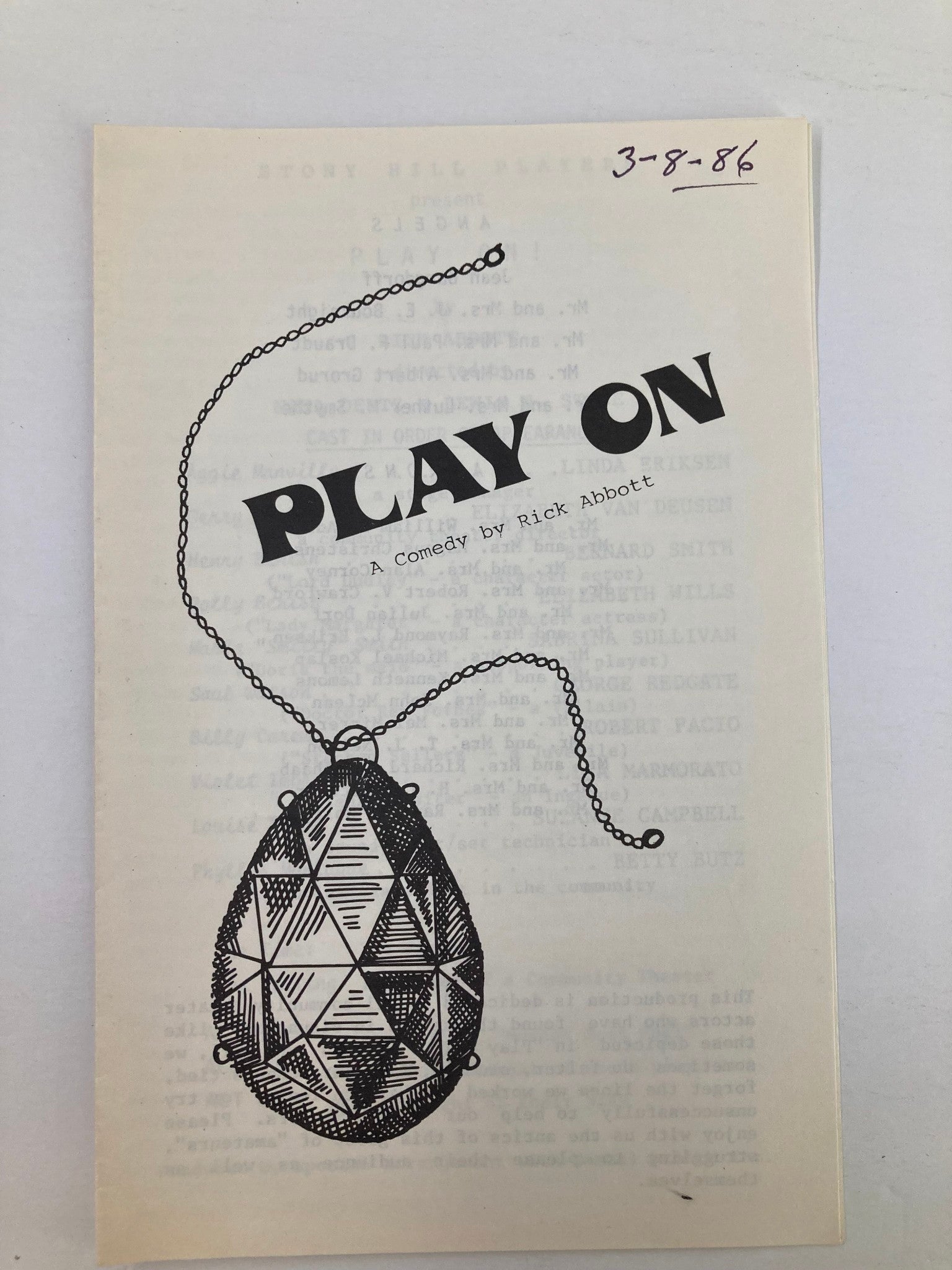 Cover of the 1986 Program titled 'Play On' A Comedy by Rick Abbott, featuring a decorative pendant illustration and details of the Stony Hill Players performance.