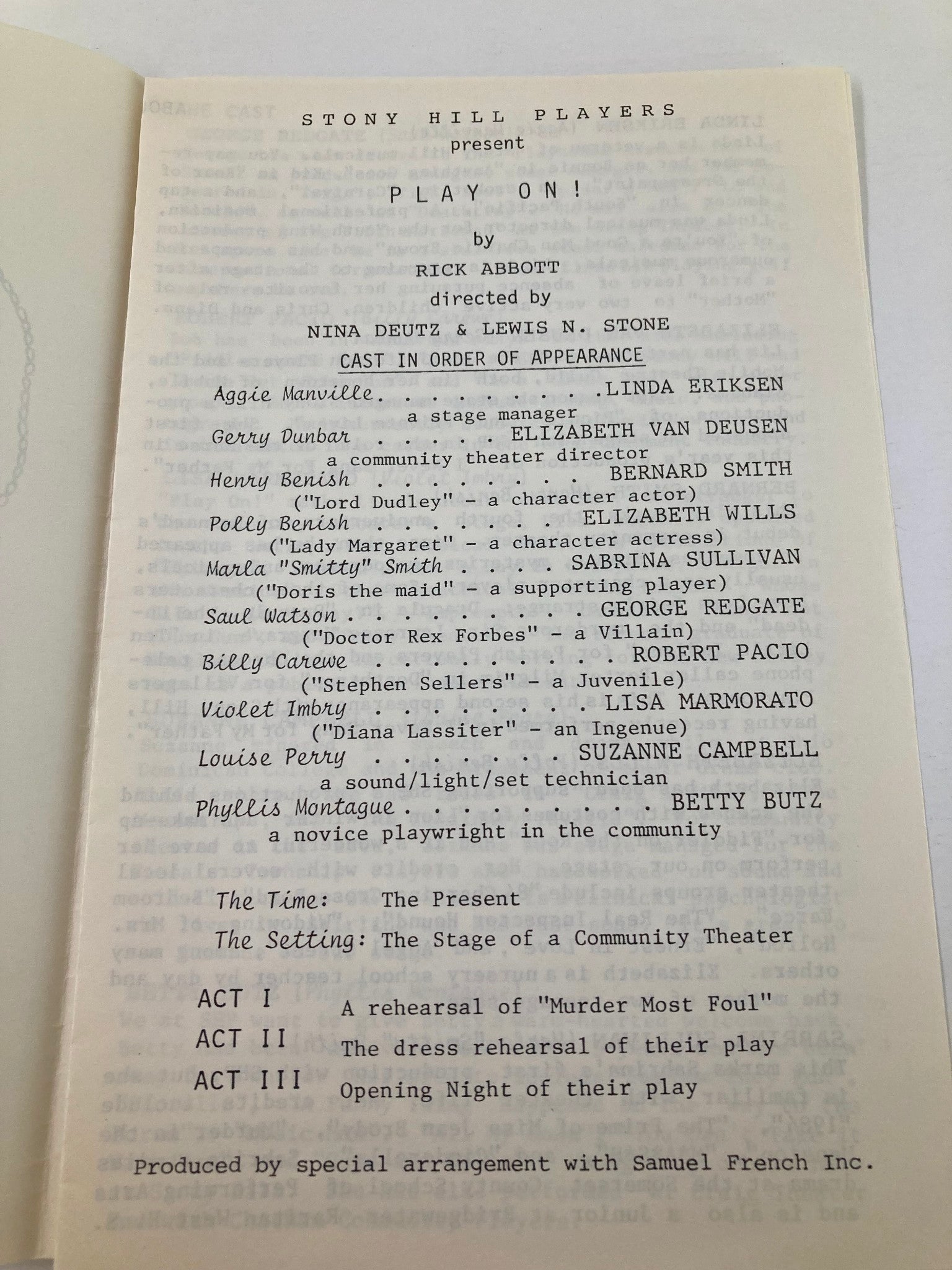 1986 Program titled 'Play On!' by Rick Abbott presented by the Stony Hill Players, featuring the cast in order of appearance and details about the play.