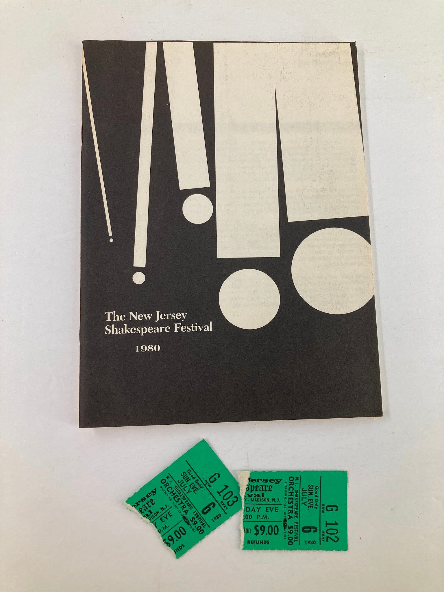 1980 Program The New Jersey Shakespeare Festival showcasing the cover design with abstract shapes, featuring ticket stubs from the play Volpone.
