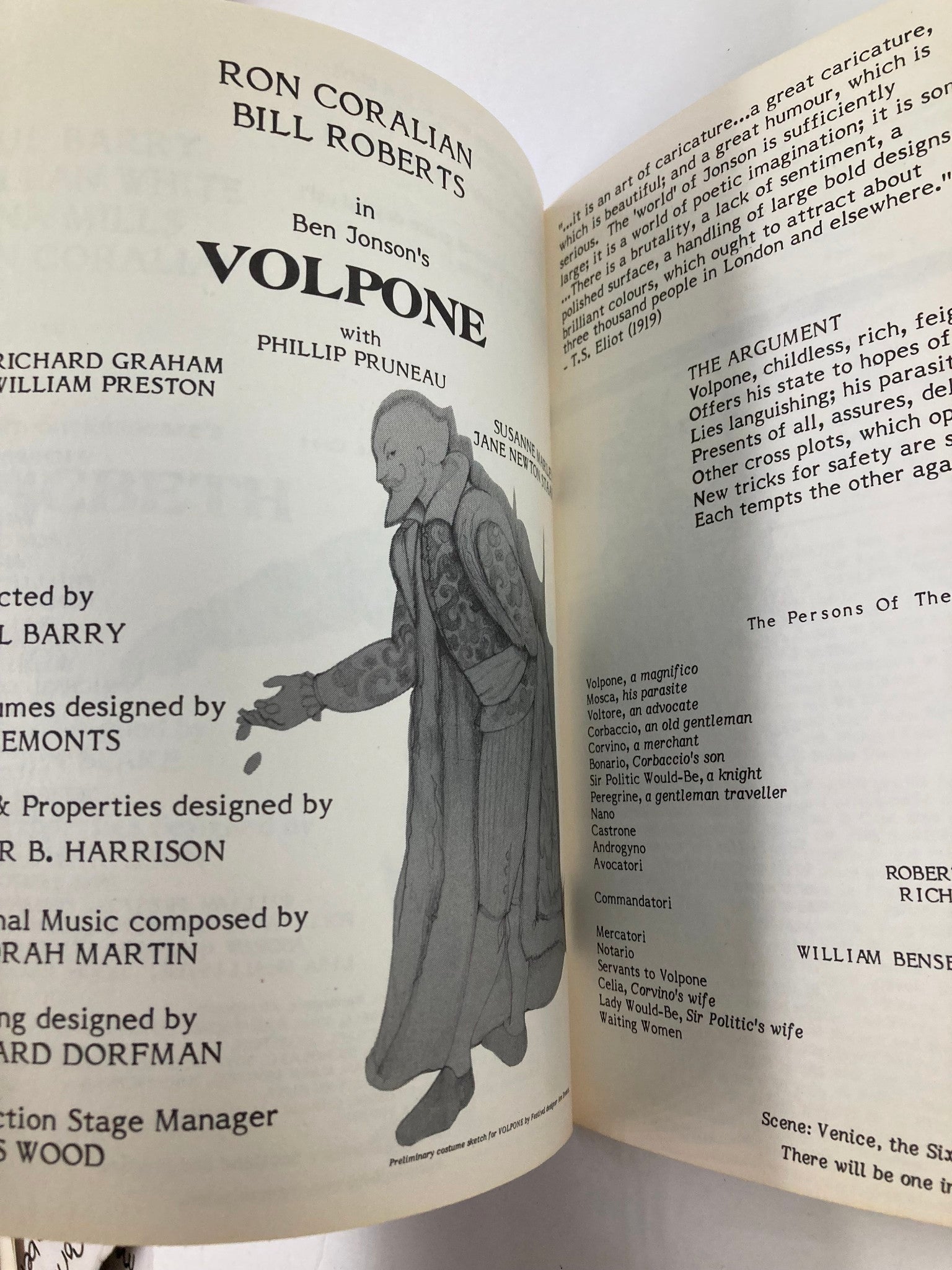 Interior page of the 1980 Program The New Jersey Shakespeare Festival featuring Ron Coralian in Volpone, with cast details and a character illustration.