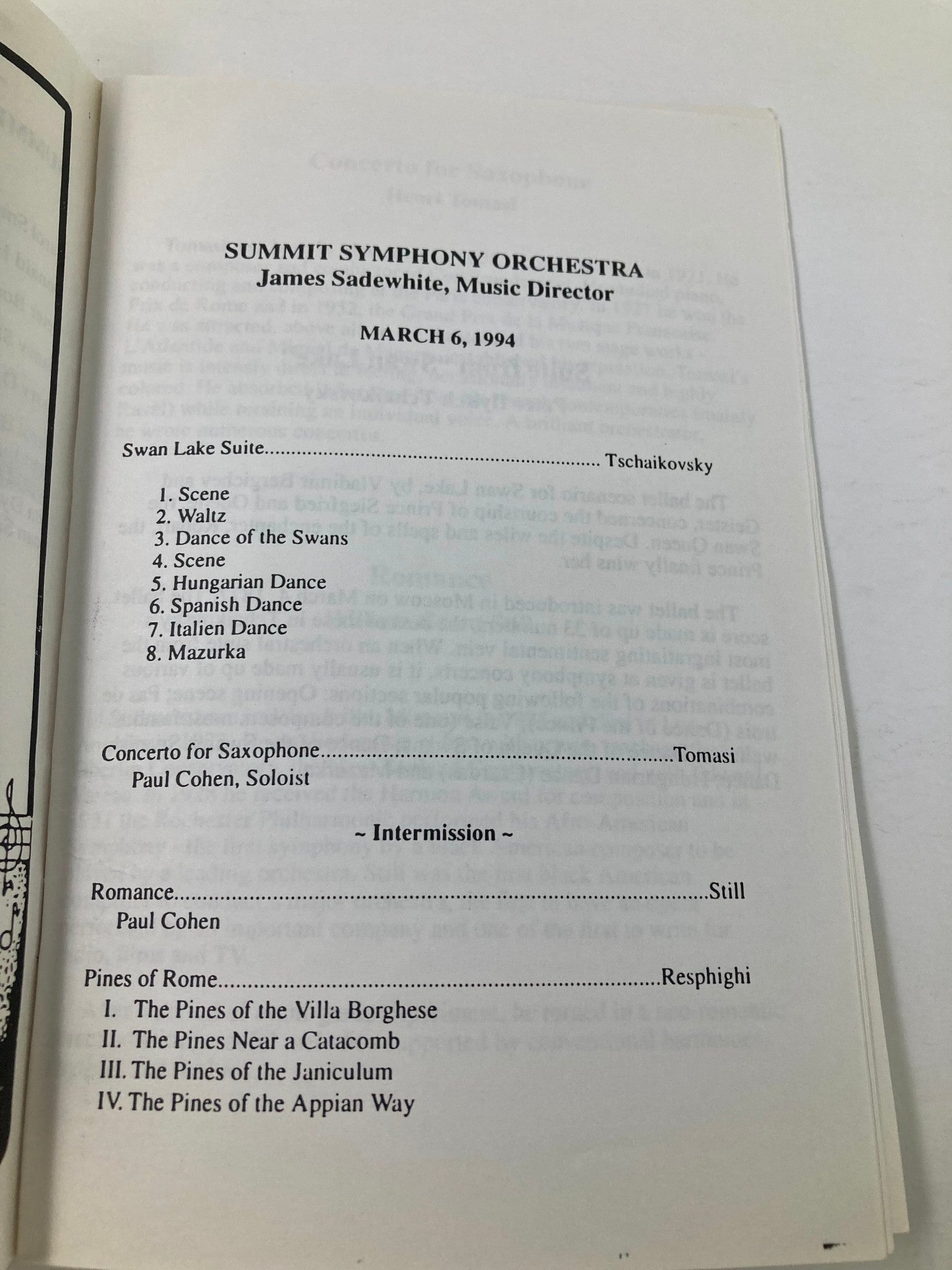 1994 Program Summit Symphony Orchestra James Sadewhite Music Director