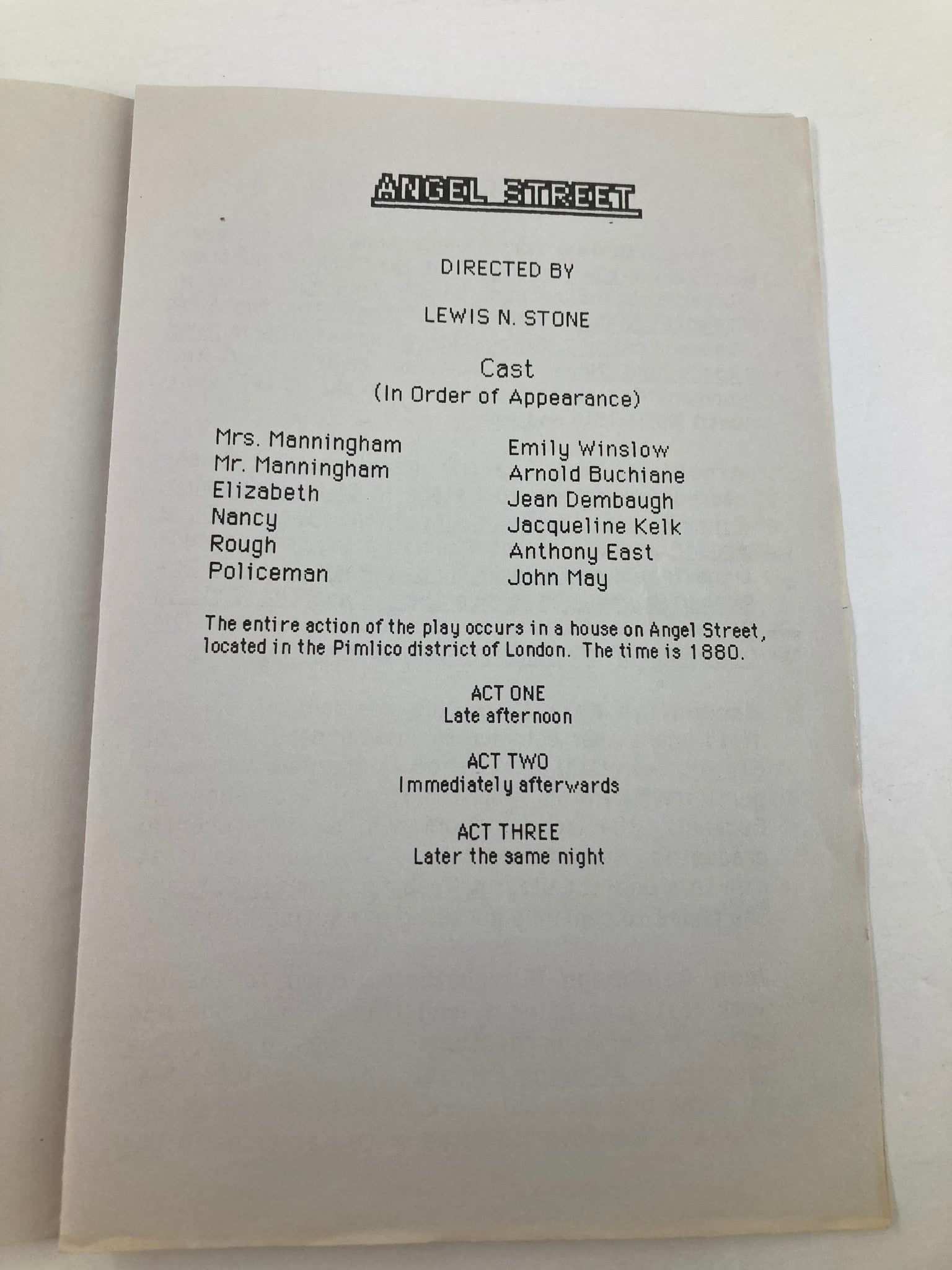 1989 Program Stony Hill Players Angel Street by Patrick Hamilton