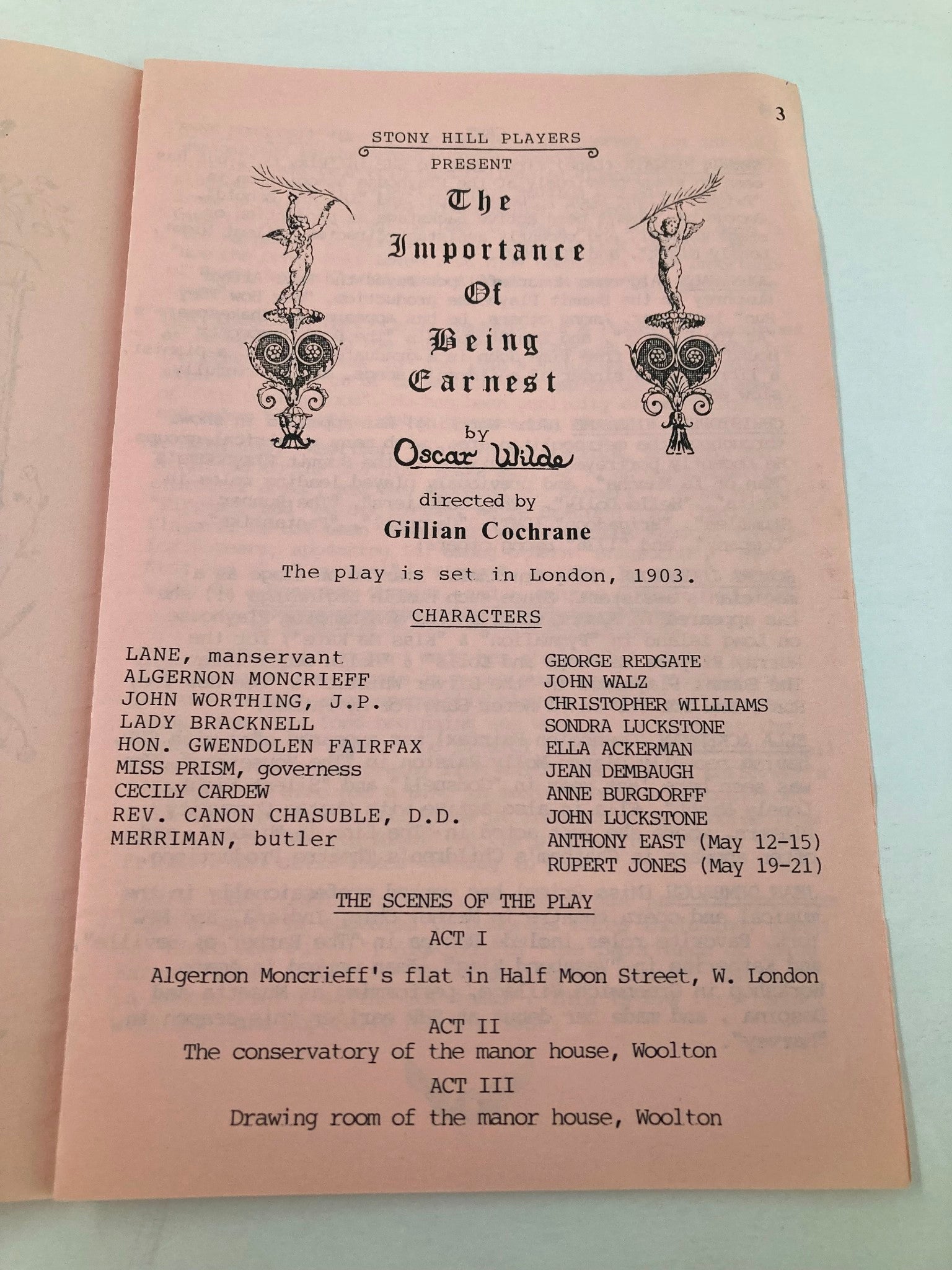 1988 Program Stony Hill Players The Importance of Being Earnest by Oscar Wilde