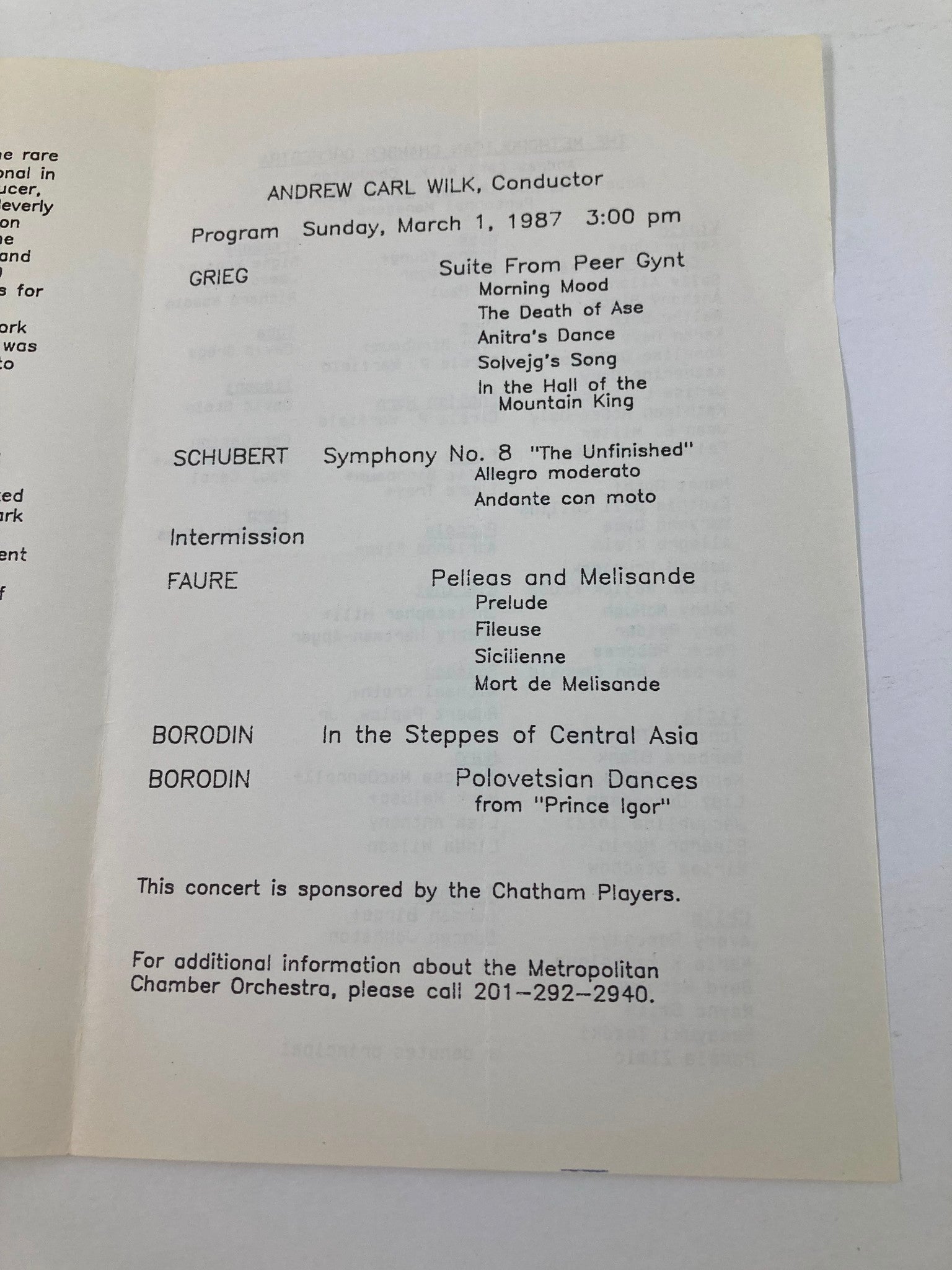 1987 Program Metropolitan Chamber Orchestra Conductor Andrew Carl Wilk