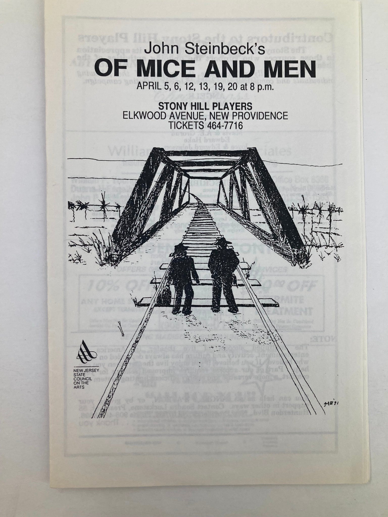 1978 Program Stony Hill Players John Steinbeck's Of Mice and Men