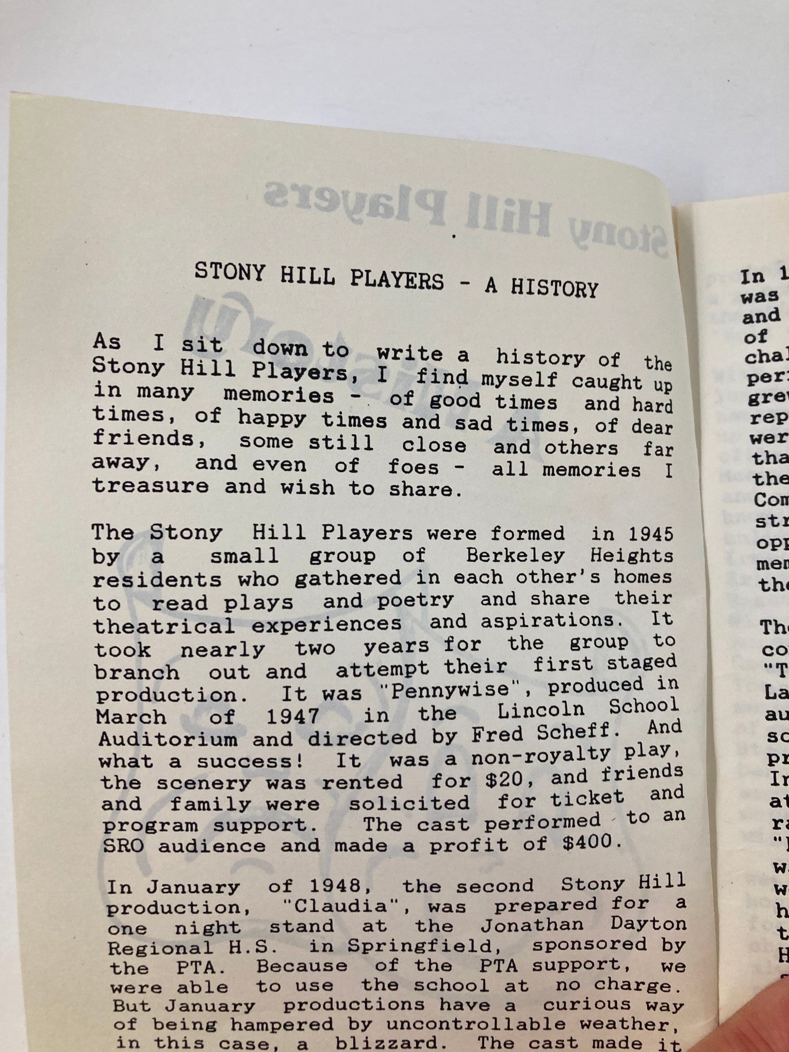 1987 Program The Stony Hill Players 100th Production The Second Time Around