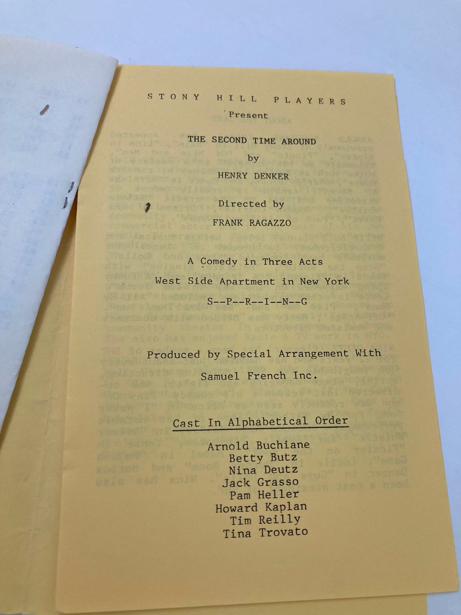 1987 Program The Stony Hill Players 100th Production The Second Time Around