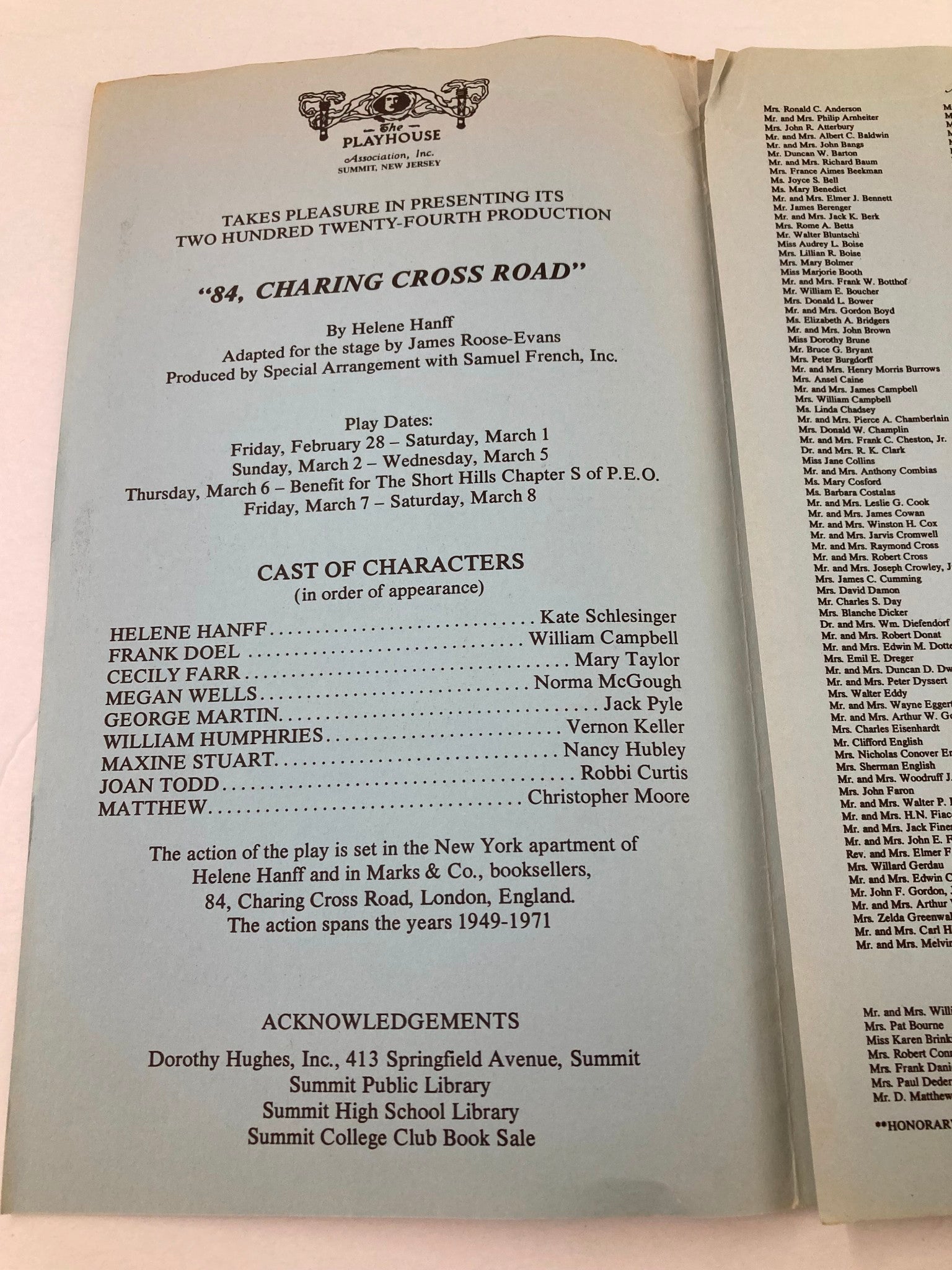 1986 Program The Playhouse Association 84, Changing Cross Road by Helena Hanff