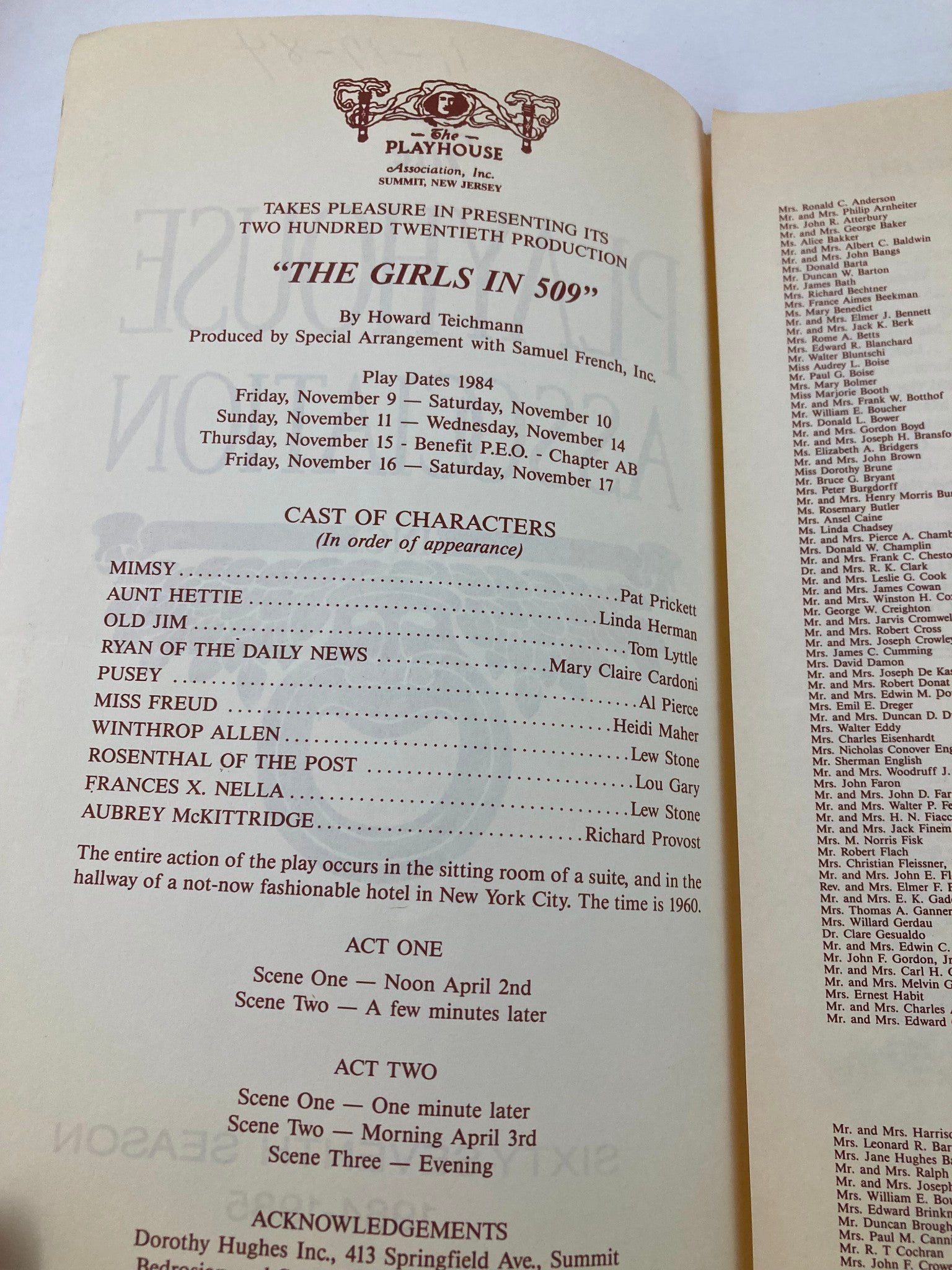 1984 Program The Playhouse Association The Girls in 509 by Howard Teichmann