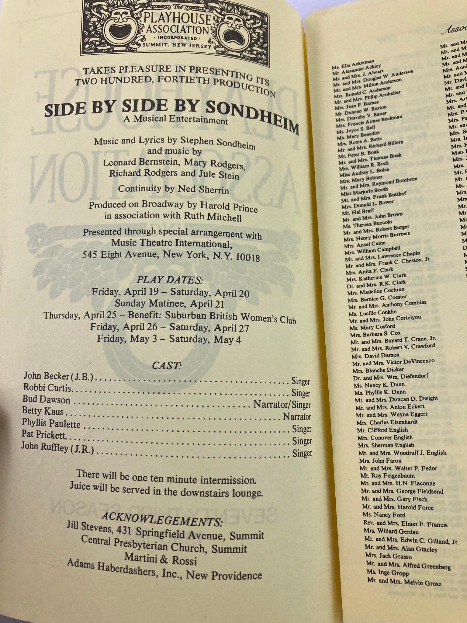 1991 Program The Playhouse Association Side by Side by Sondheim