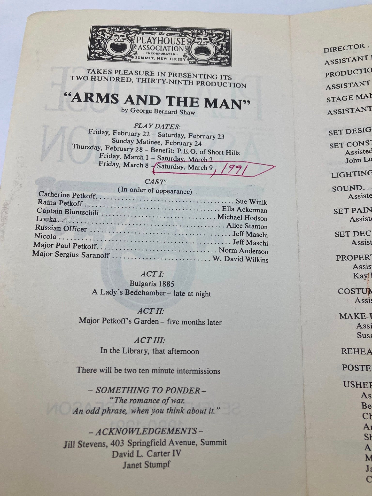 1991 Program The Playhouse Association Arms and The Man by George Bernard Shaw