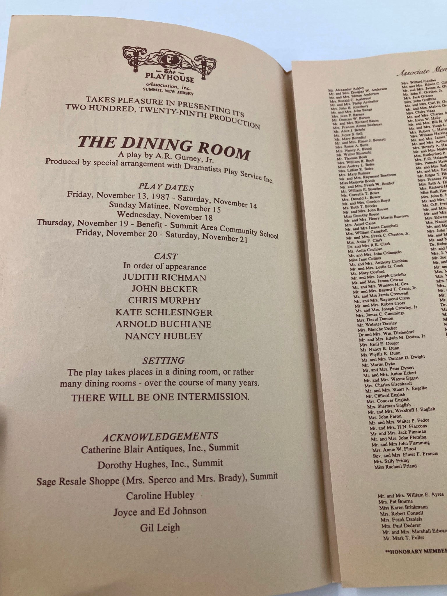 1987 Program The Playhouse Association The Dining Room by A.R. Gurney Jr.