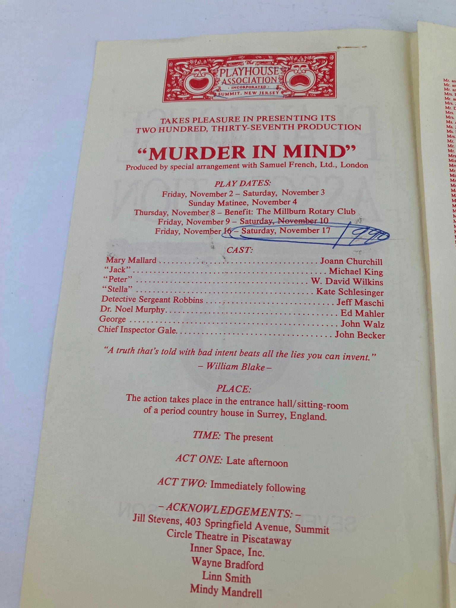 1990 Program The Playhouse Association Murder in Mind by Samuel French