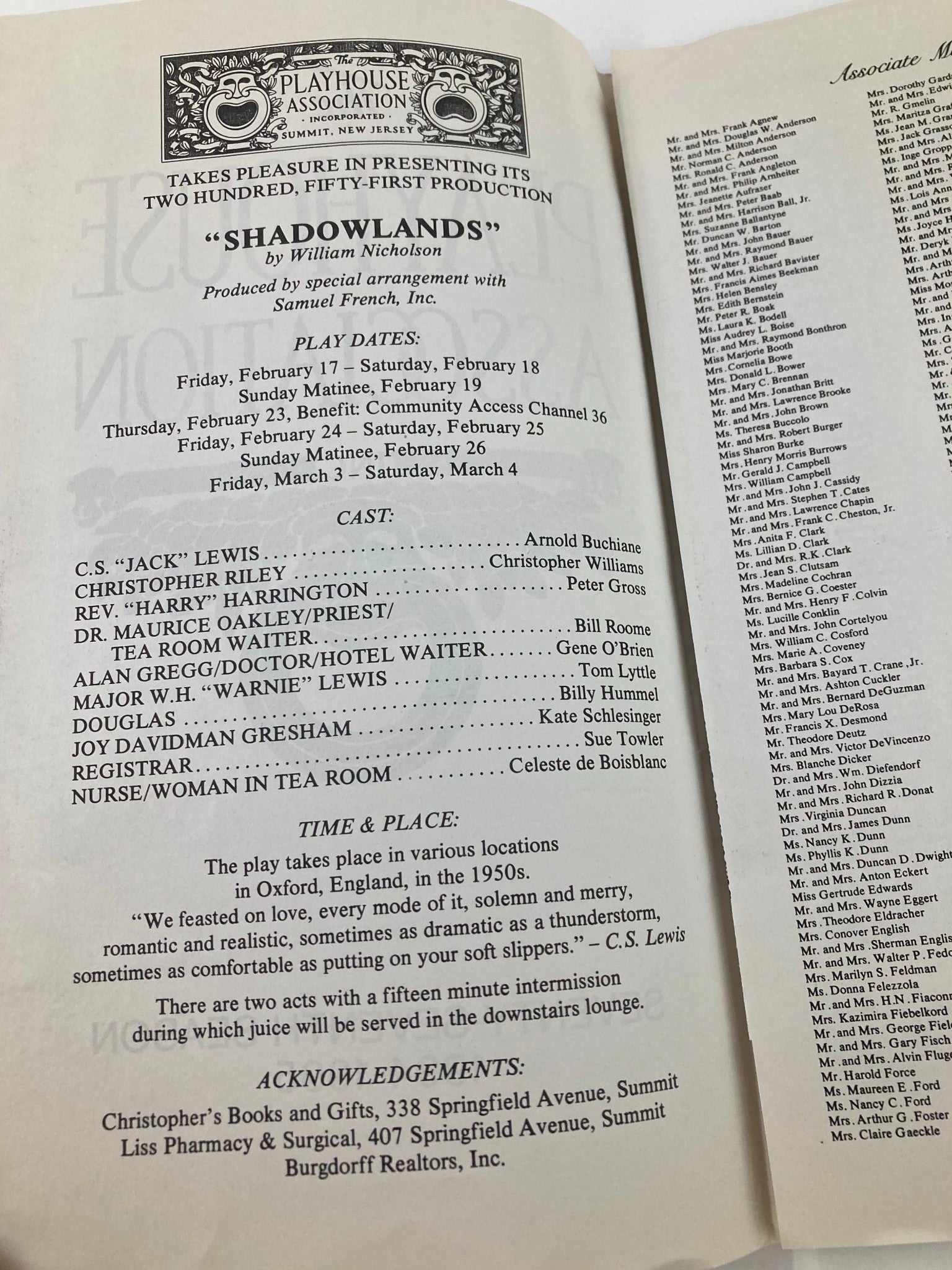 1994 Program The Playhouse Association Shadowlands by William NIcholson