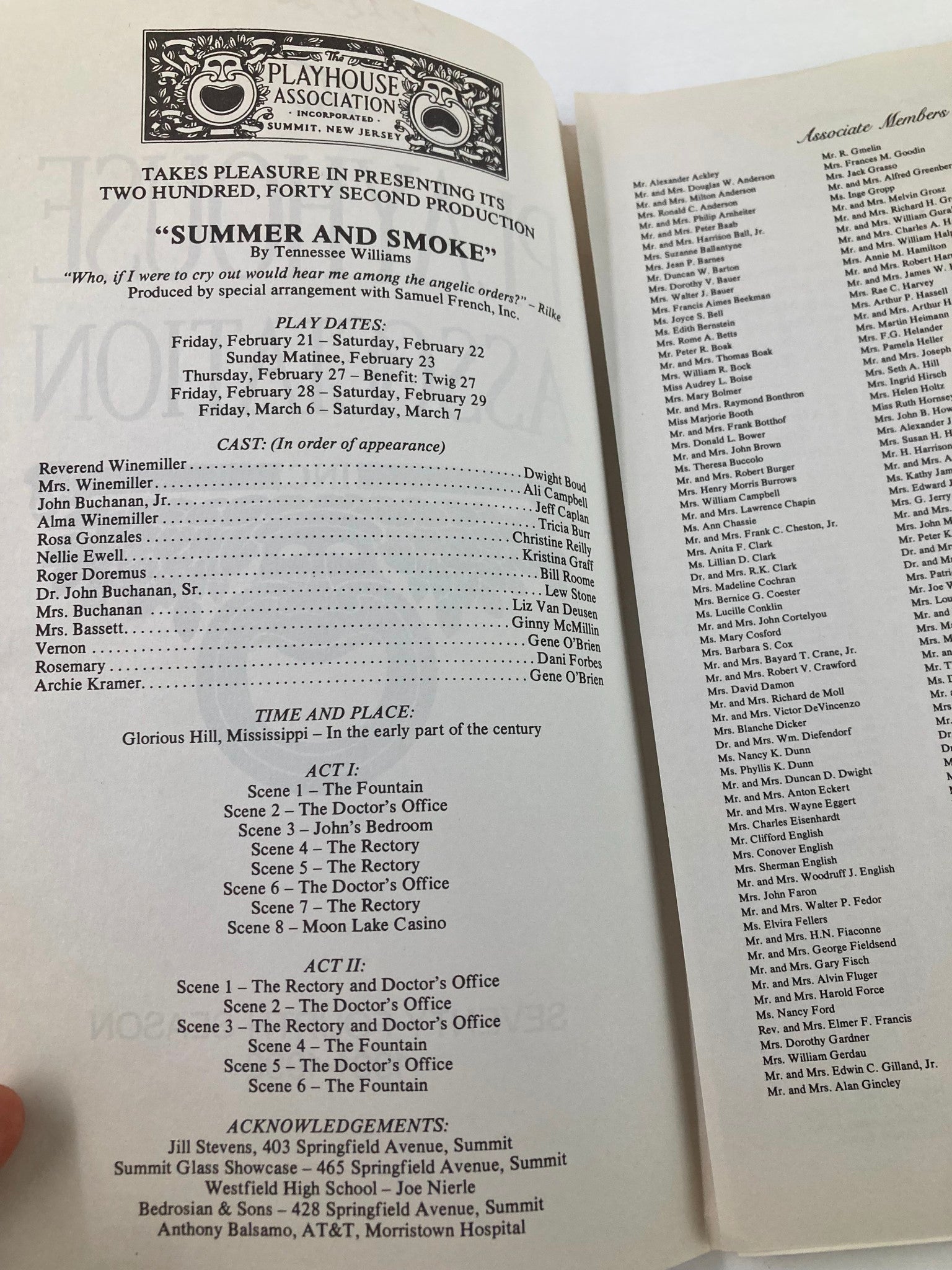 1992 Program The Playhouse Association Summer and Smoke by Tennessee Williams