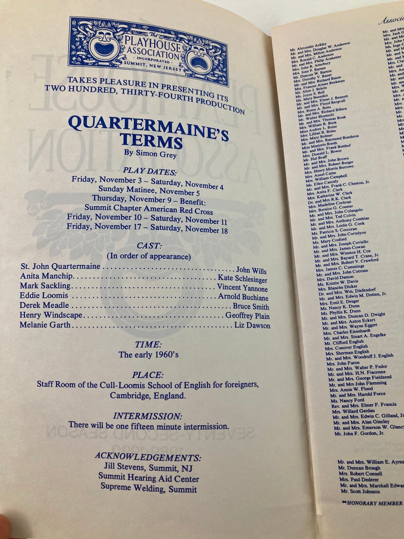 1989 Program The Playhouse Association Quartermaine's Terms by Simon Grey