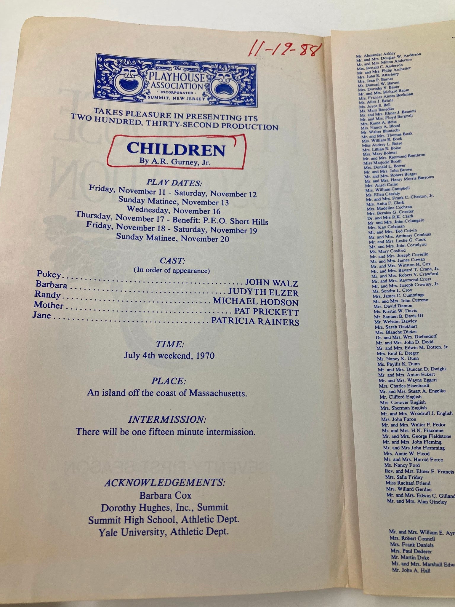 1988 Program The Playhouse Association Children by A.R. Gurney Jr.