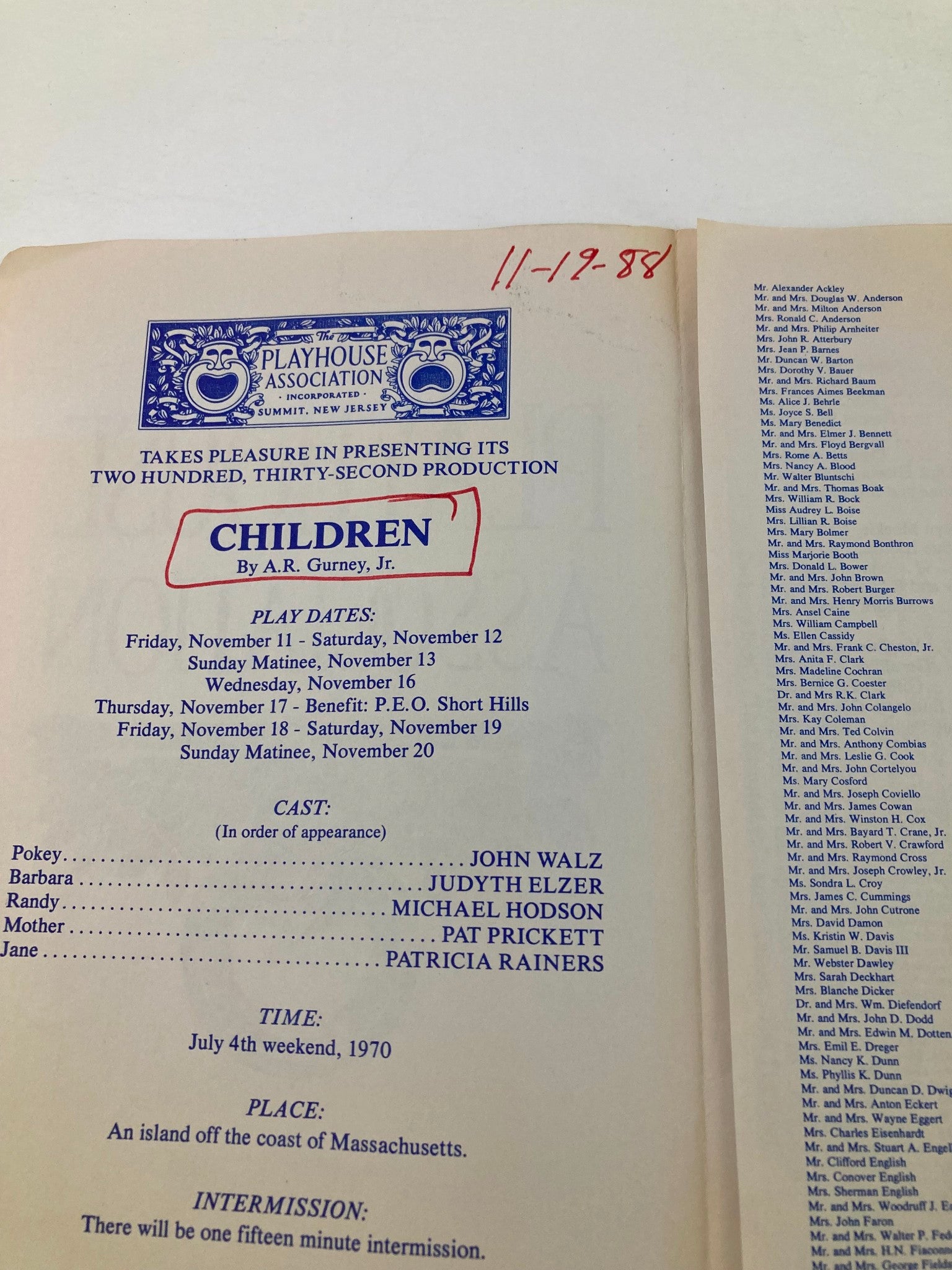 1988 Program The Playhouse Association Children by A.R. Gurney Jr.