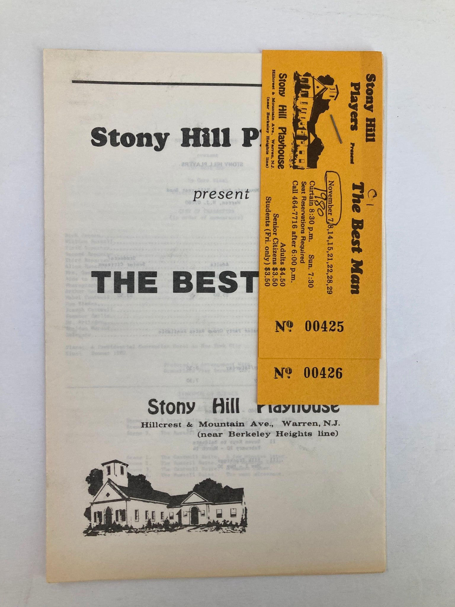 1980 Program Stony Hill Players Present The Best Man by Gore Vidal