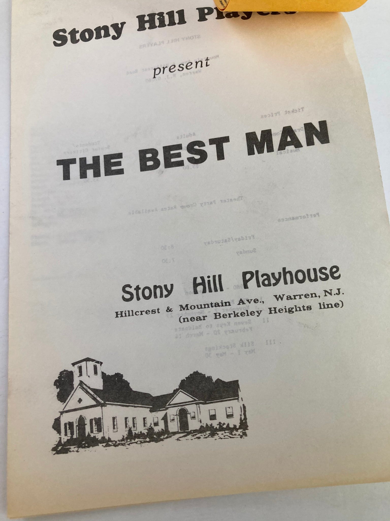 1980 Program Stony Hill Players Present The Best Man by Gore Vidal