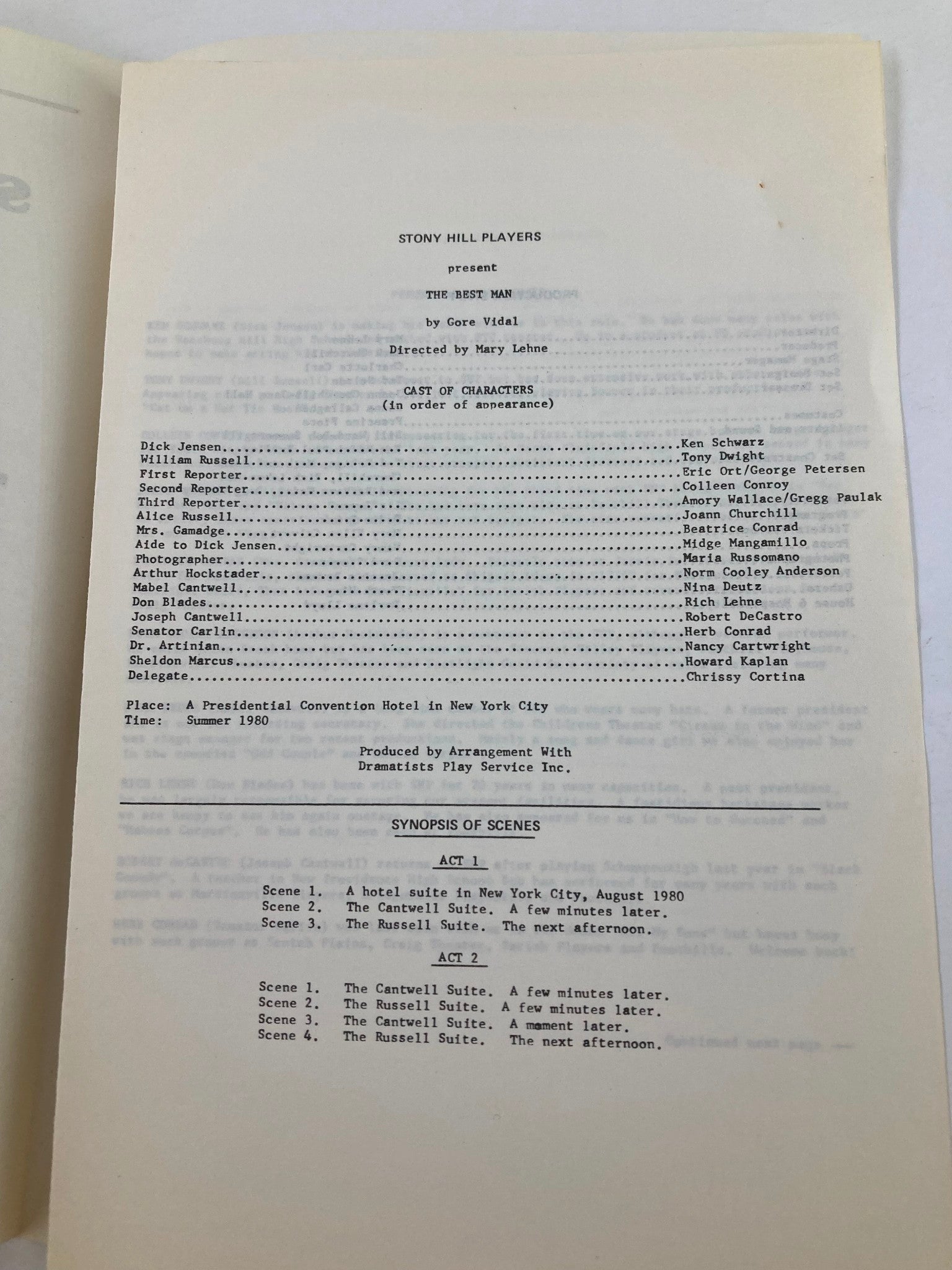 1980 Program Stony Hill Players Present The Best Man by Gore Vidal