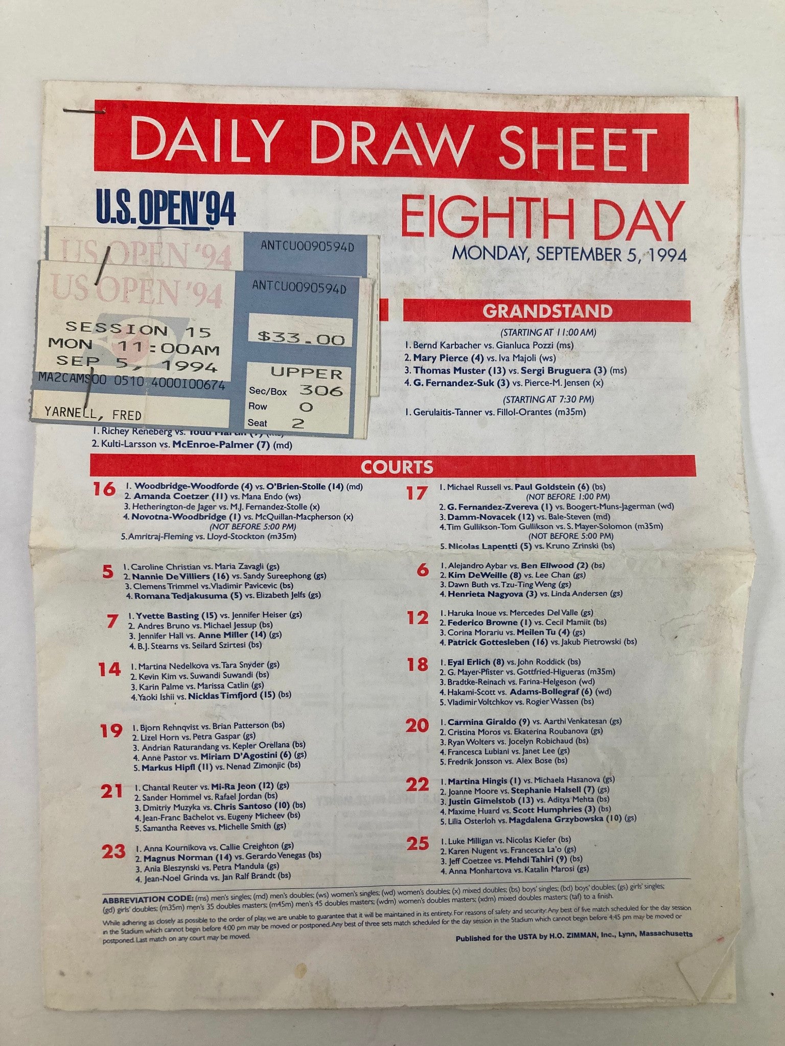 1994 Daily Draw Sheet Program USTA Open Men's Single Championship