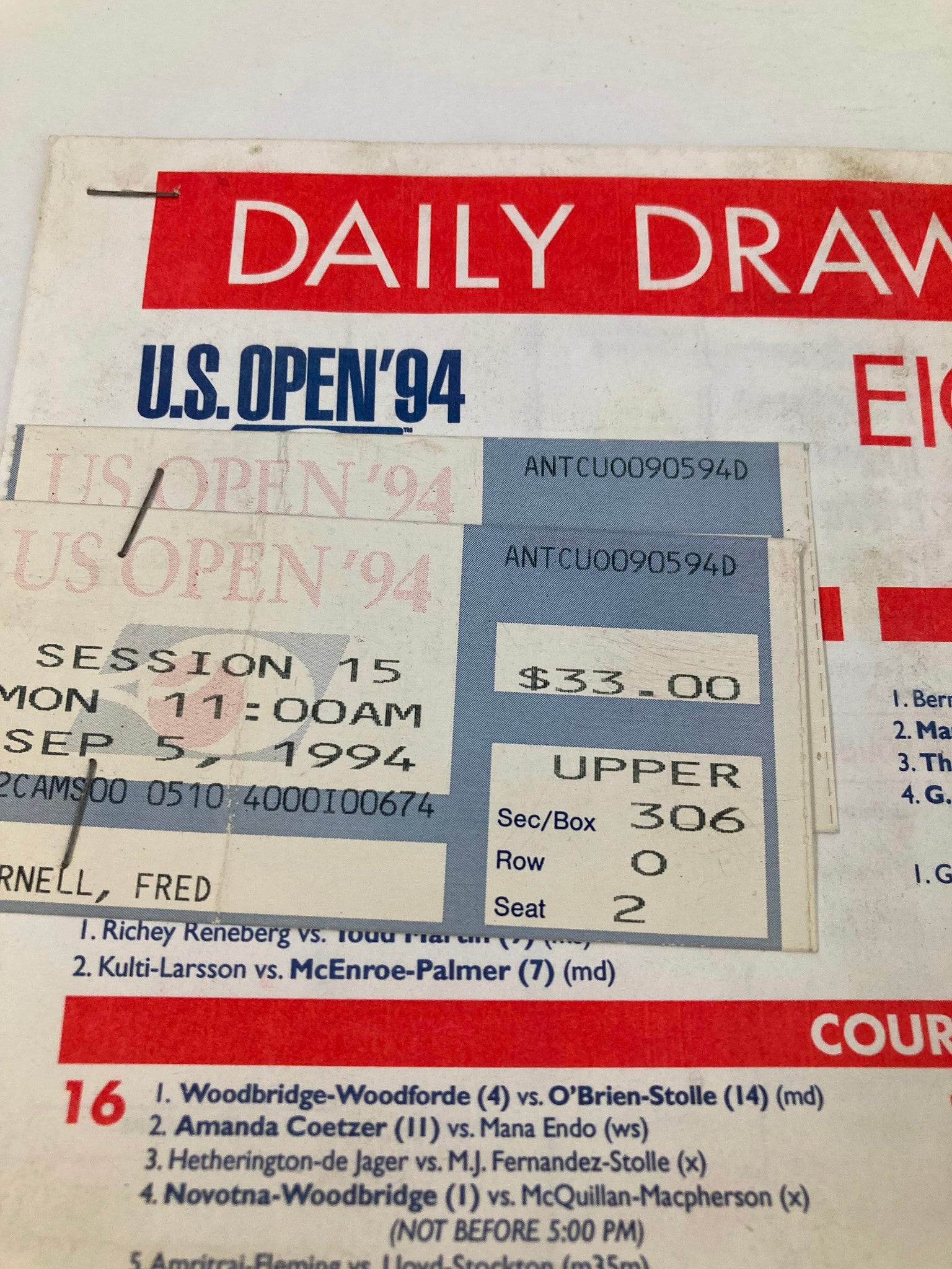 1994 Daily Draw Sheet Program USTA Open Men's Single Championship