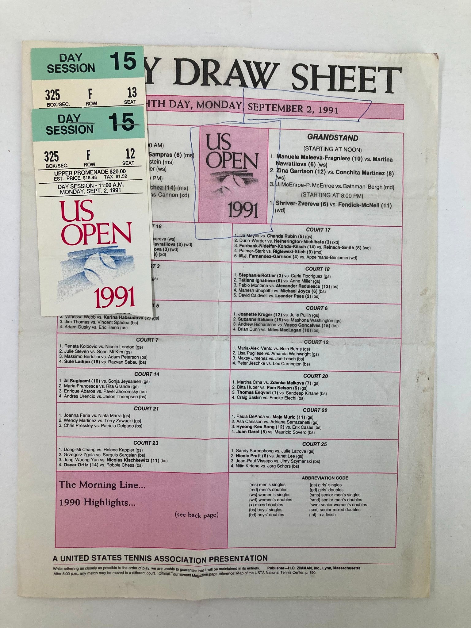 1991 Daily Draw Sheet Program USTA Open Women's Single Championship