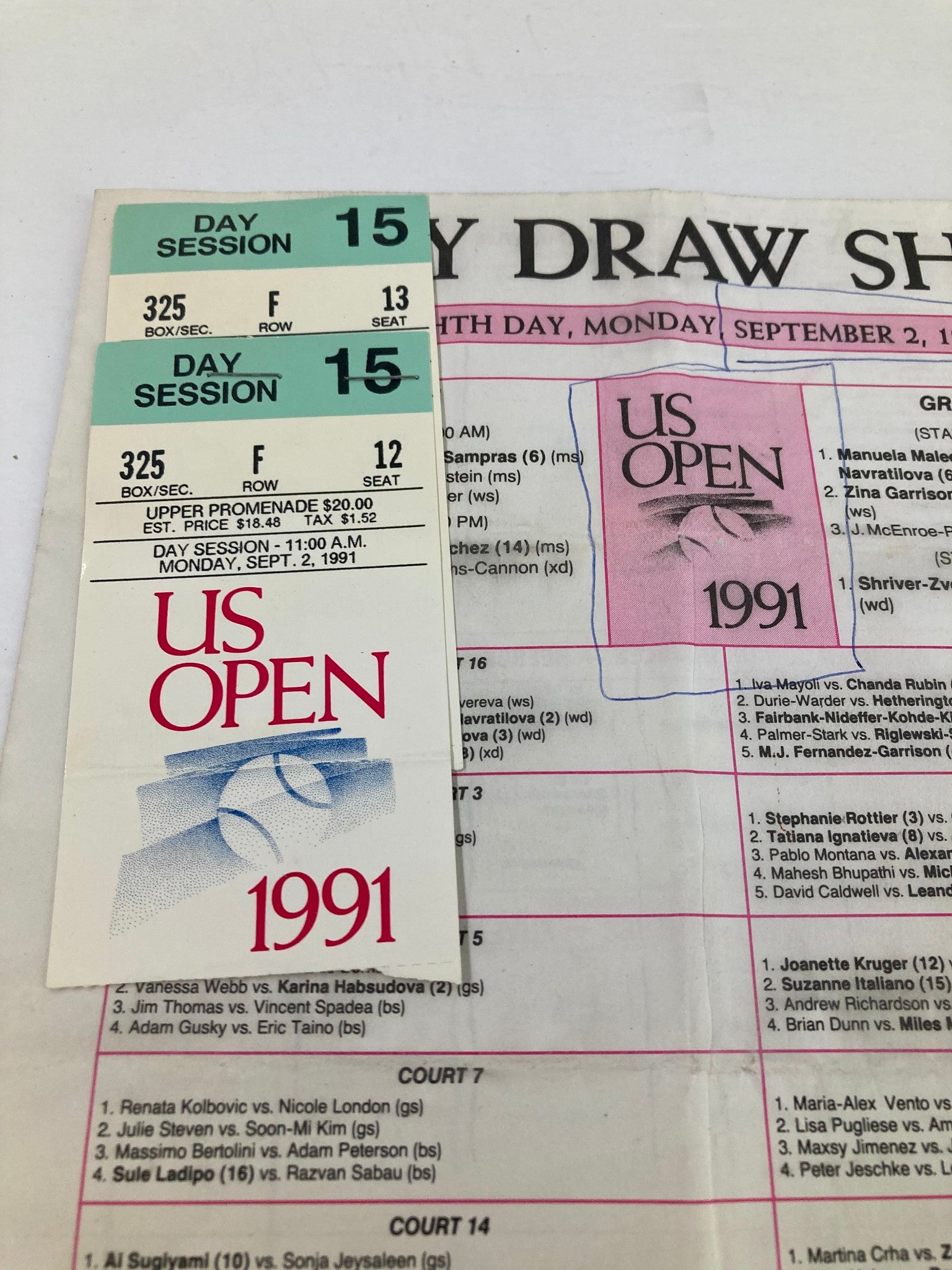 1991 Daily Draw Sheet Program USTA Open Women's Single Championship