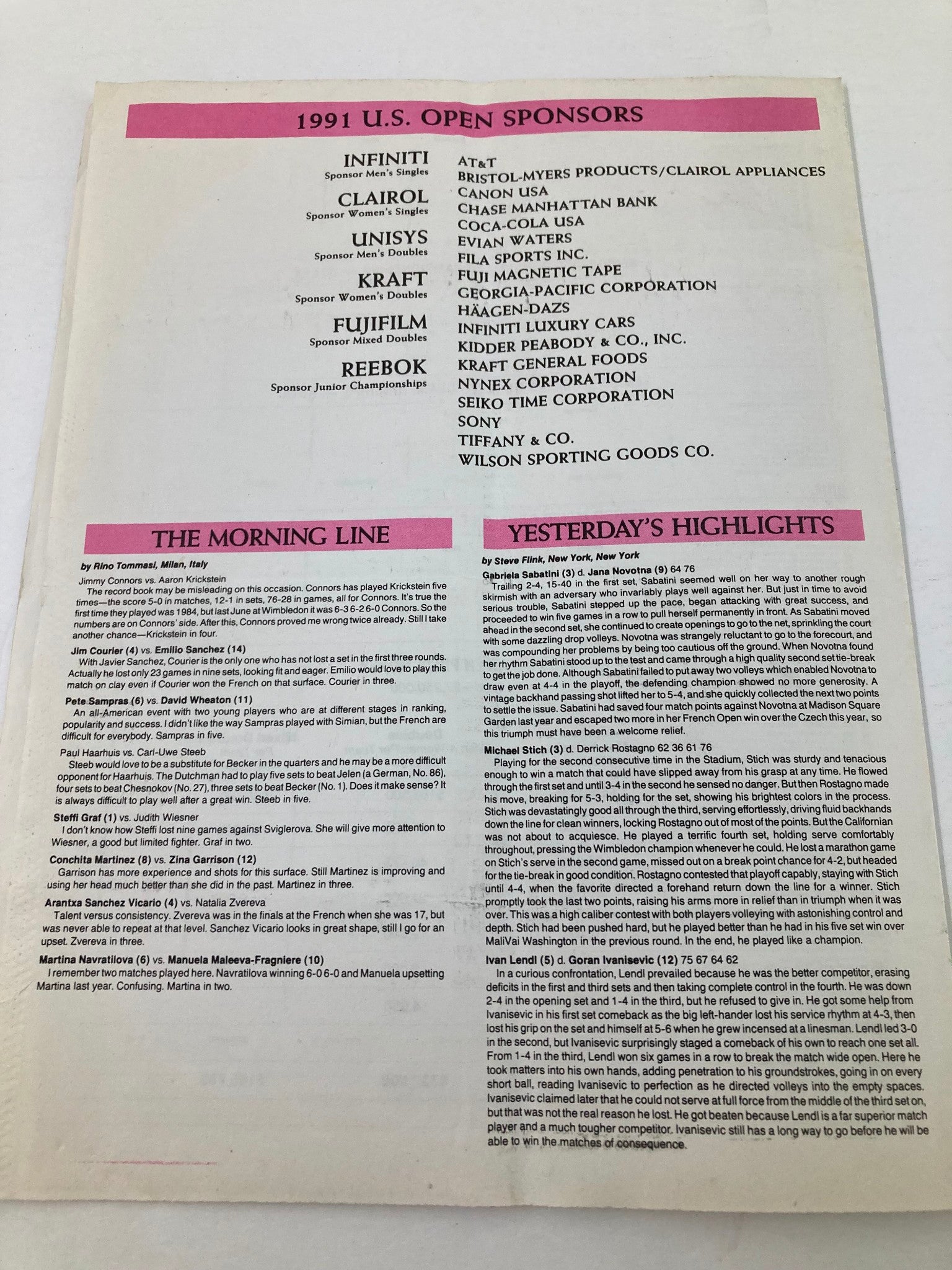 1991 Daily Draw Sheet Program USTA Open Women's Single Championship